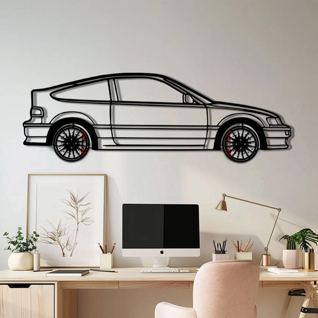 1990 Honda CRX Metal Car Wall Art with Rotating Wheels - JDM Classic Silhouette - Interactive Automotive Wall Decor - KAFMEKA144