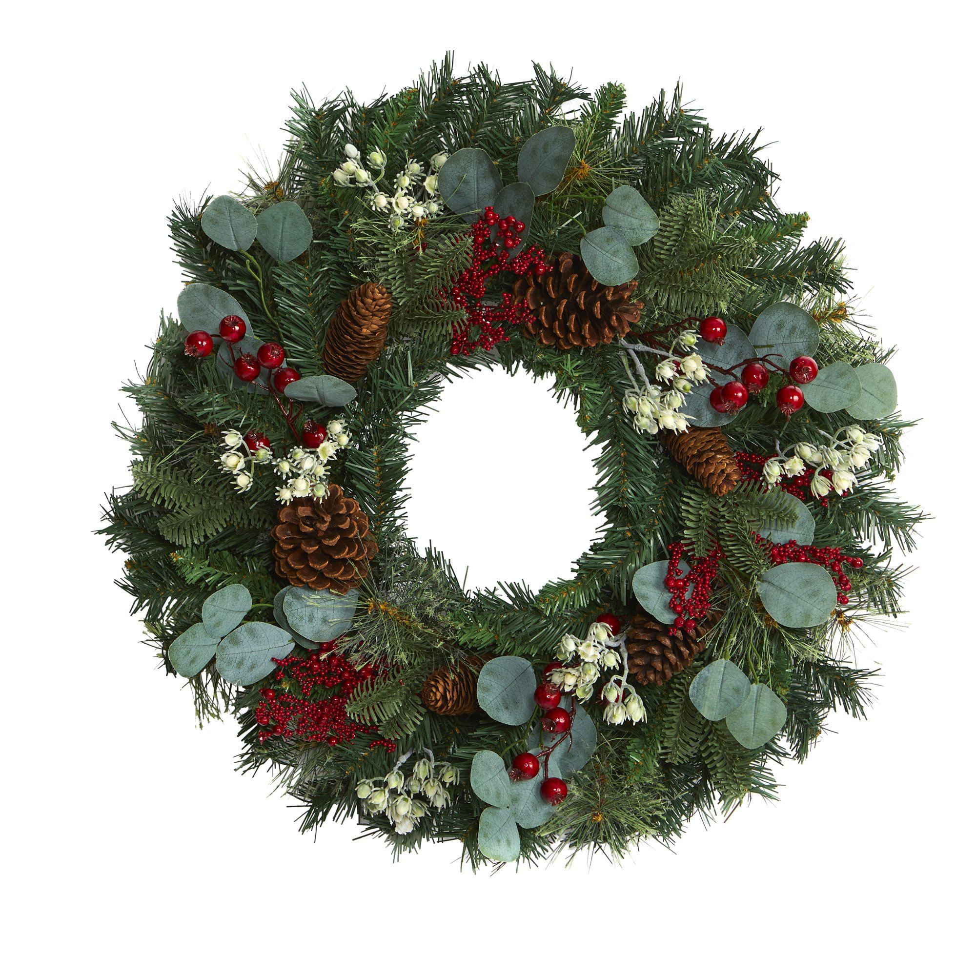 24” Eucalyptus and Pine Artificial Wreath with Berries and Pine Cones - Image 4