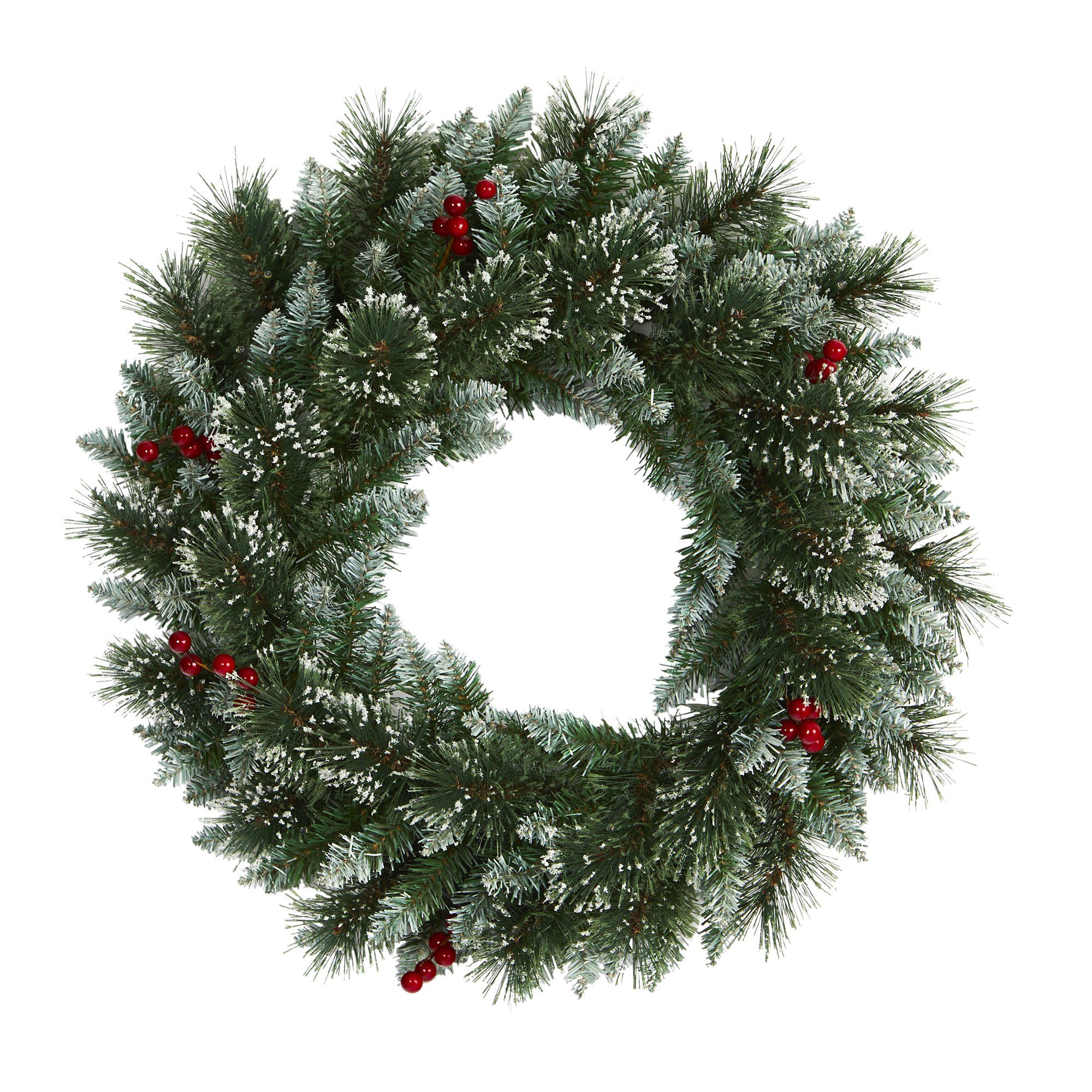 24” Frosted Swiss Pine Artificial Wreath with 35 Clear LED Lights and Berries - Image 5