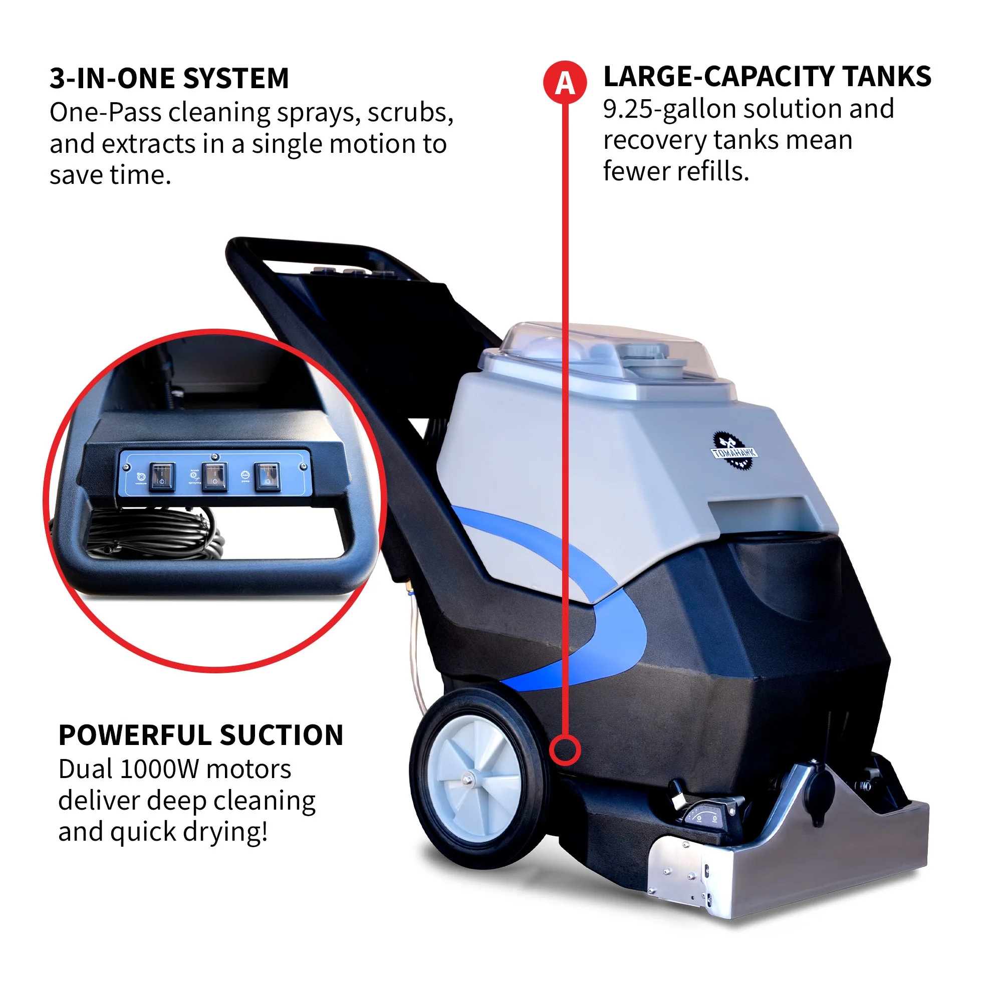 3-in-1 Commercial Carpet Extractor Cleaner, 18ā Width, 9 Gallon Dual Tanks, Dual 1000W Motors for Hotels, Offices & Upholstery - Image 5