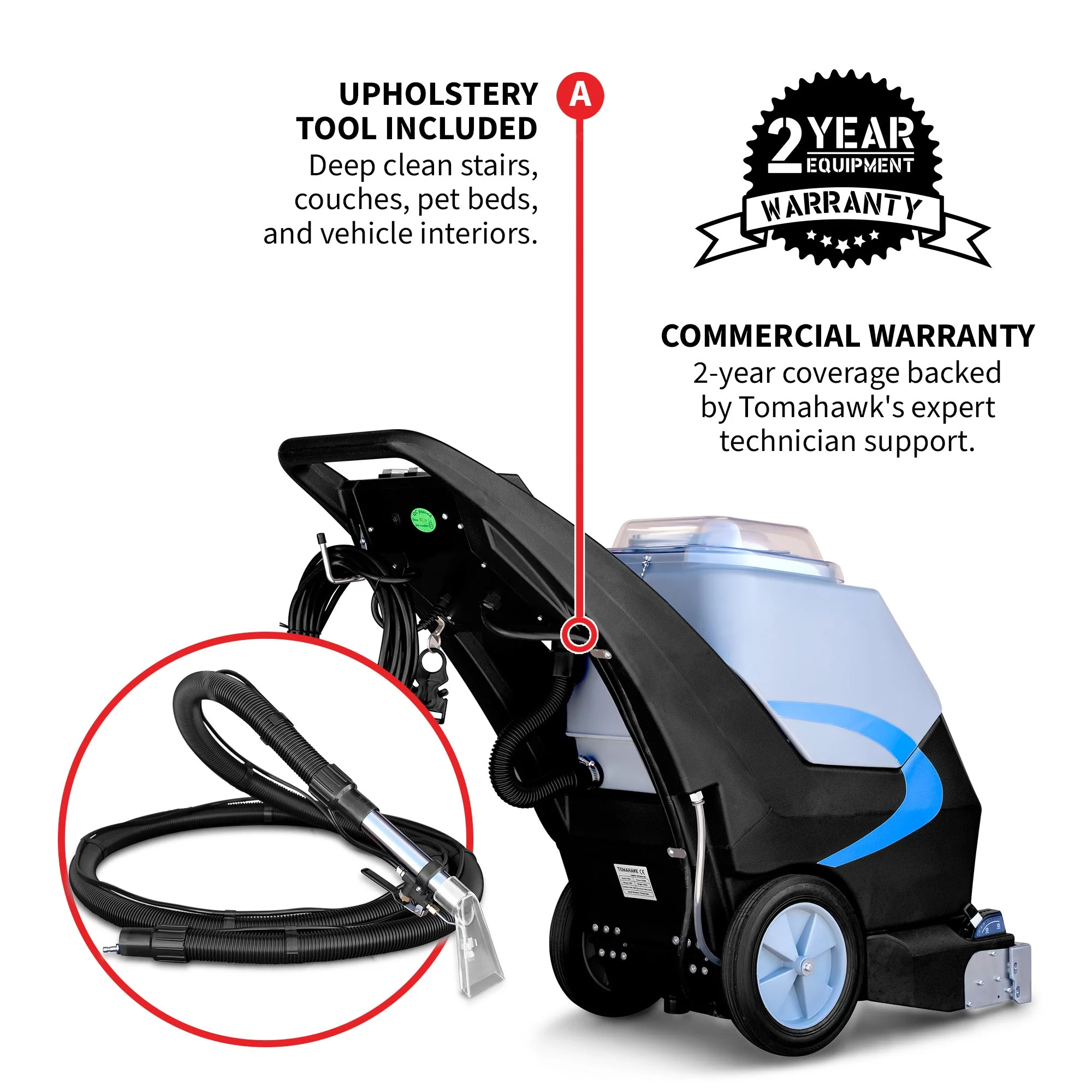 3-in-1 Commercial Carpet Extractor Cleaner, 18ā Width, 9 Gallon Dual Tanks, Dual 1000W Motors for Hotels, Offices & Upholstery - Image 7