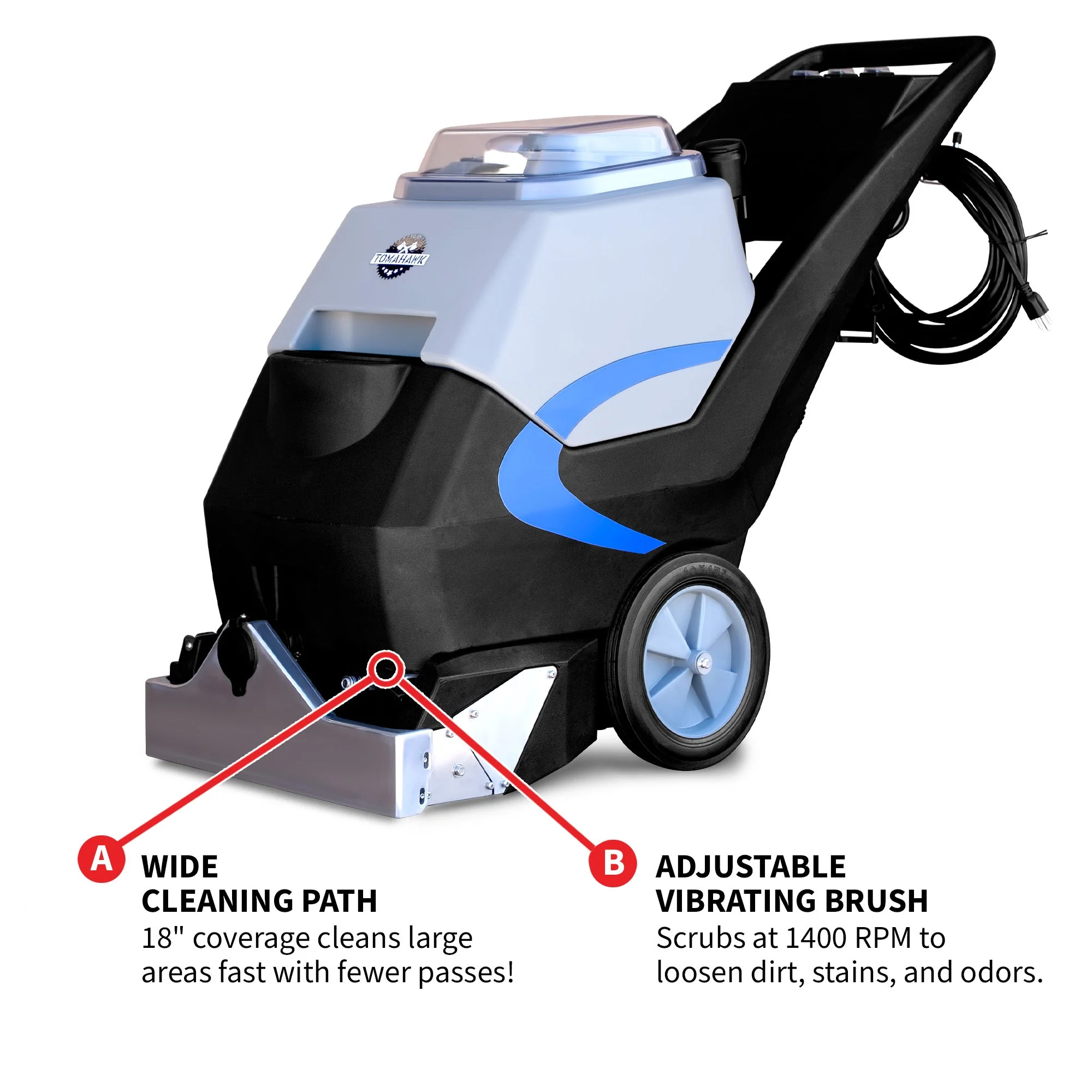 3-in-1 Commercial Carpet Extractor Cleaner, 18ā Width, 9 Gallon Dual Tanks, Dual 1000W Motors for Hotels, Offices & Upholstery - Image 8