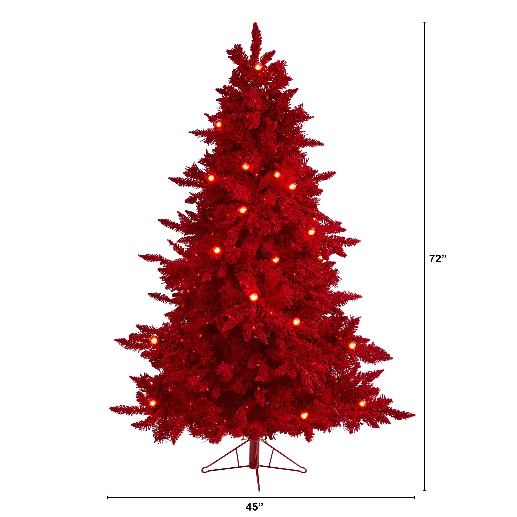 6' Red Flocked Fraser Fir Artificial Christmas Tree with 350 Red Lights, 33 Globe Bulbs and 748 Bendable Branches - Image 2