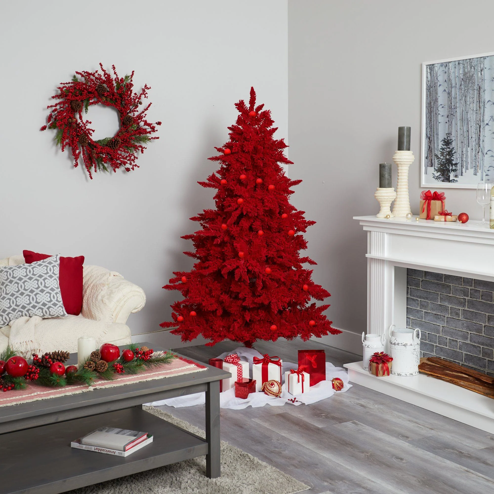 6' Red Flocked Fraser Fir Artificial Christmas Tree with 350 Red Lights, 33 Globe Bulbs and 748 Bendable Branches - Image 5