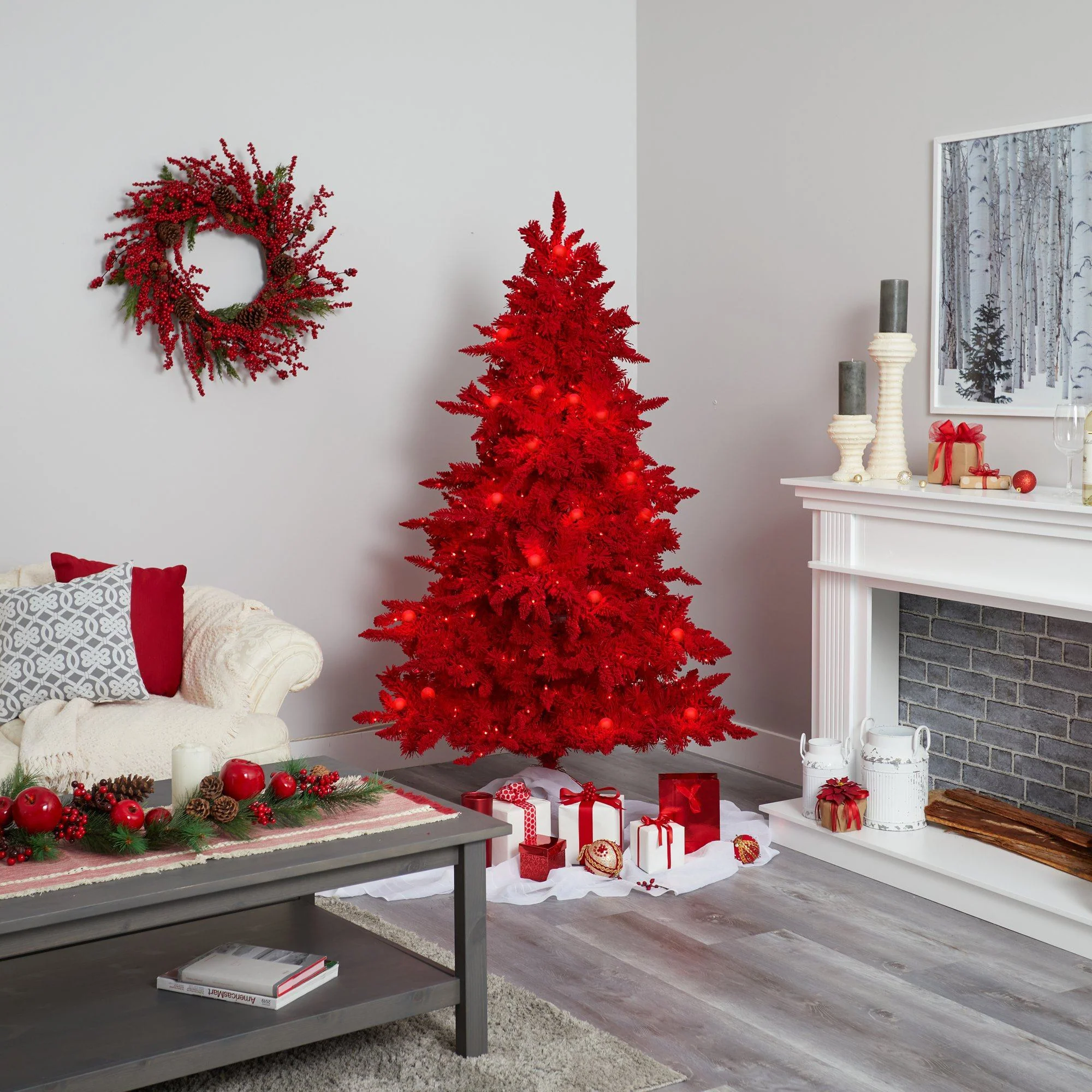 6' Red Flocked Fraser Fir Artificial Christmas Tree with 350 Red Lights, 33 Globe Bulbs and 748 Bendable Branches - Image 7
