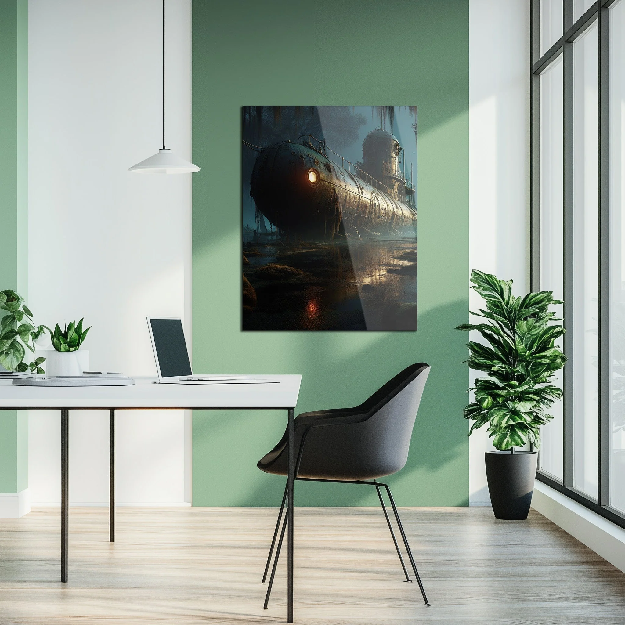 Abandoned Submarine in Swamp Glass Wall Art โ Moody Nautical UV Print Design-KAFCD030