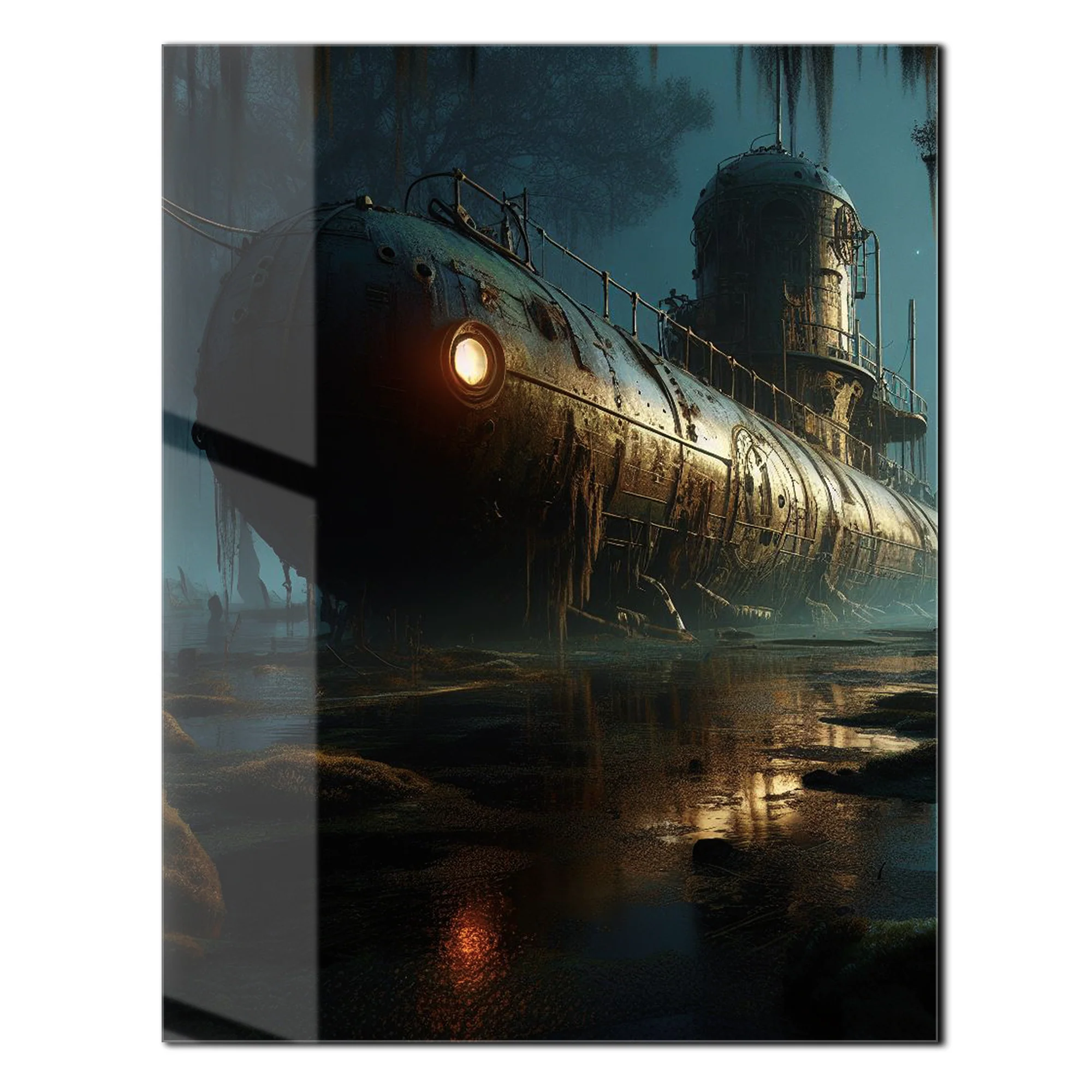 Abandoned Submarine in Swamp Glass Wall Art โ Moody Nautical UV Print Design-KAFCD030 - Image 2