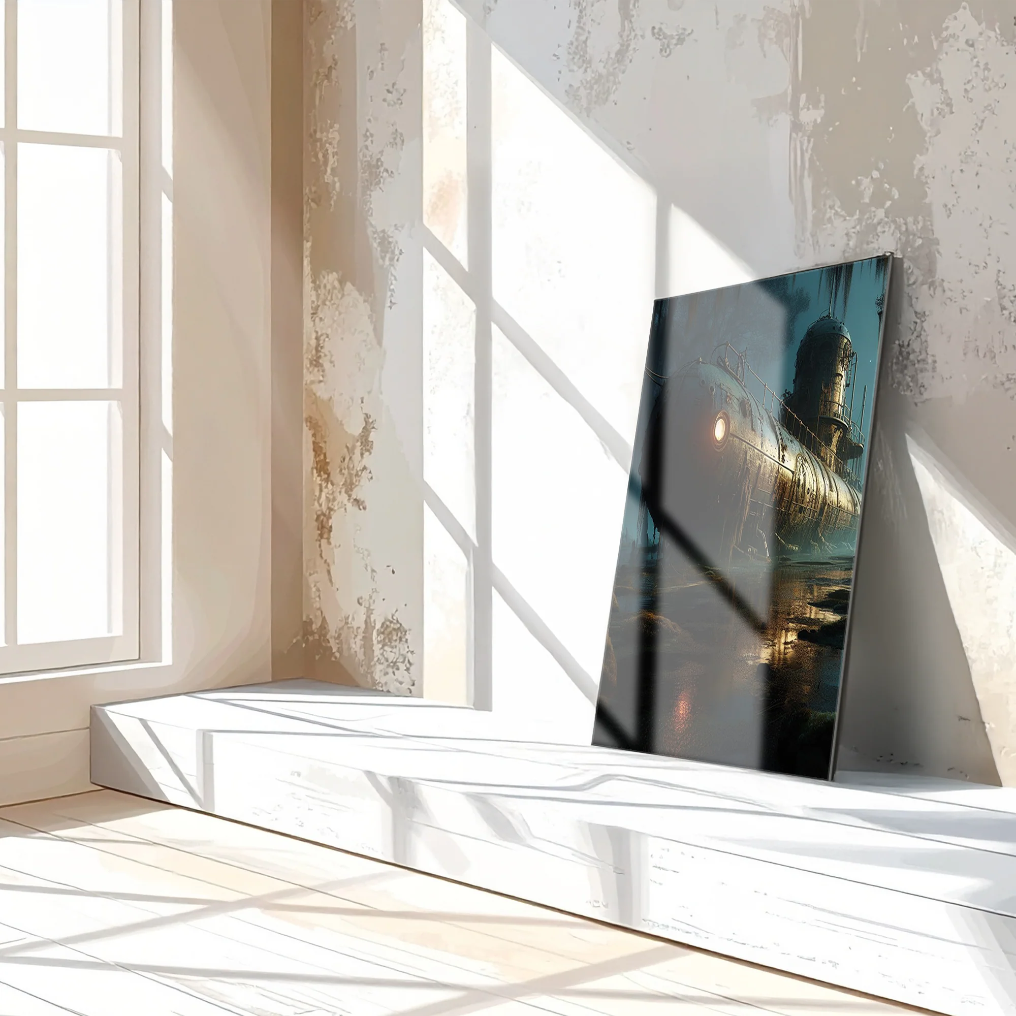 Abandoned Submarine in Swamp Glass Wall Art โ Moody Nautical UV Print Design-KAFCD030 - Image 3