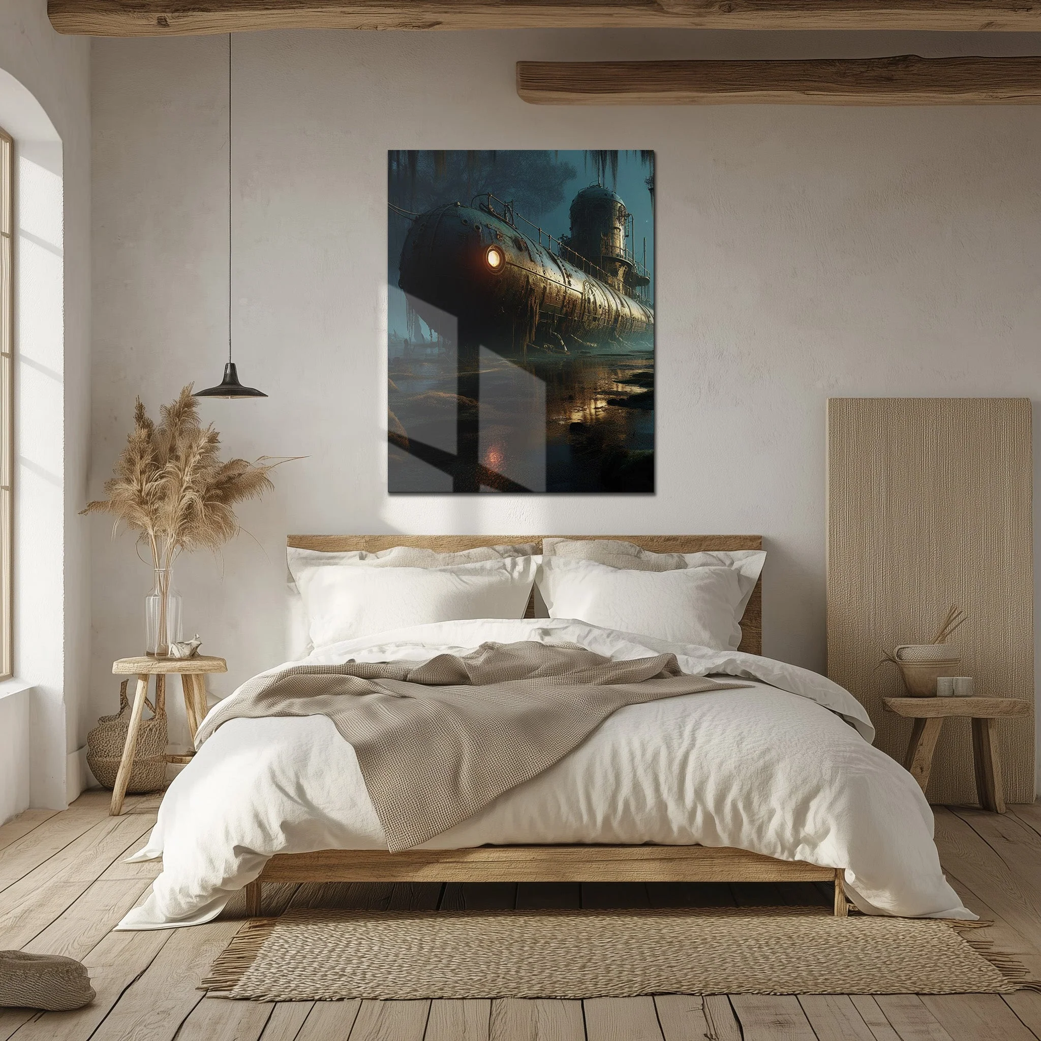 Abandoned Submarine in Swamp Glass Wall Art โ Moody Nautical UV Print Design-KAFCD030 - Image 4