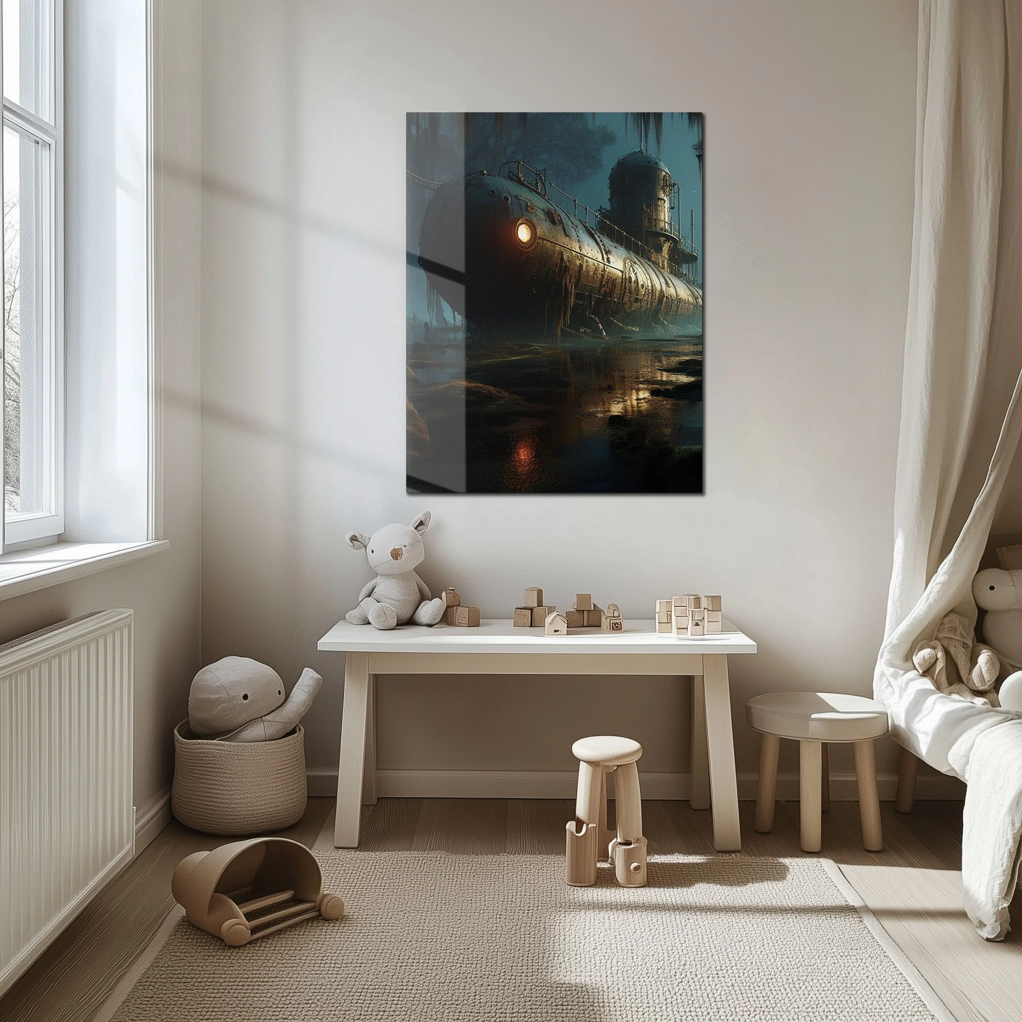 Abandoned Submarine in Swamp Glass Wall Art โ Moody Nautical UV Print Design-KAFCD030 - Image 5