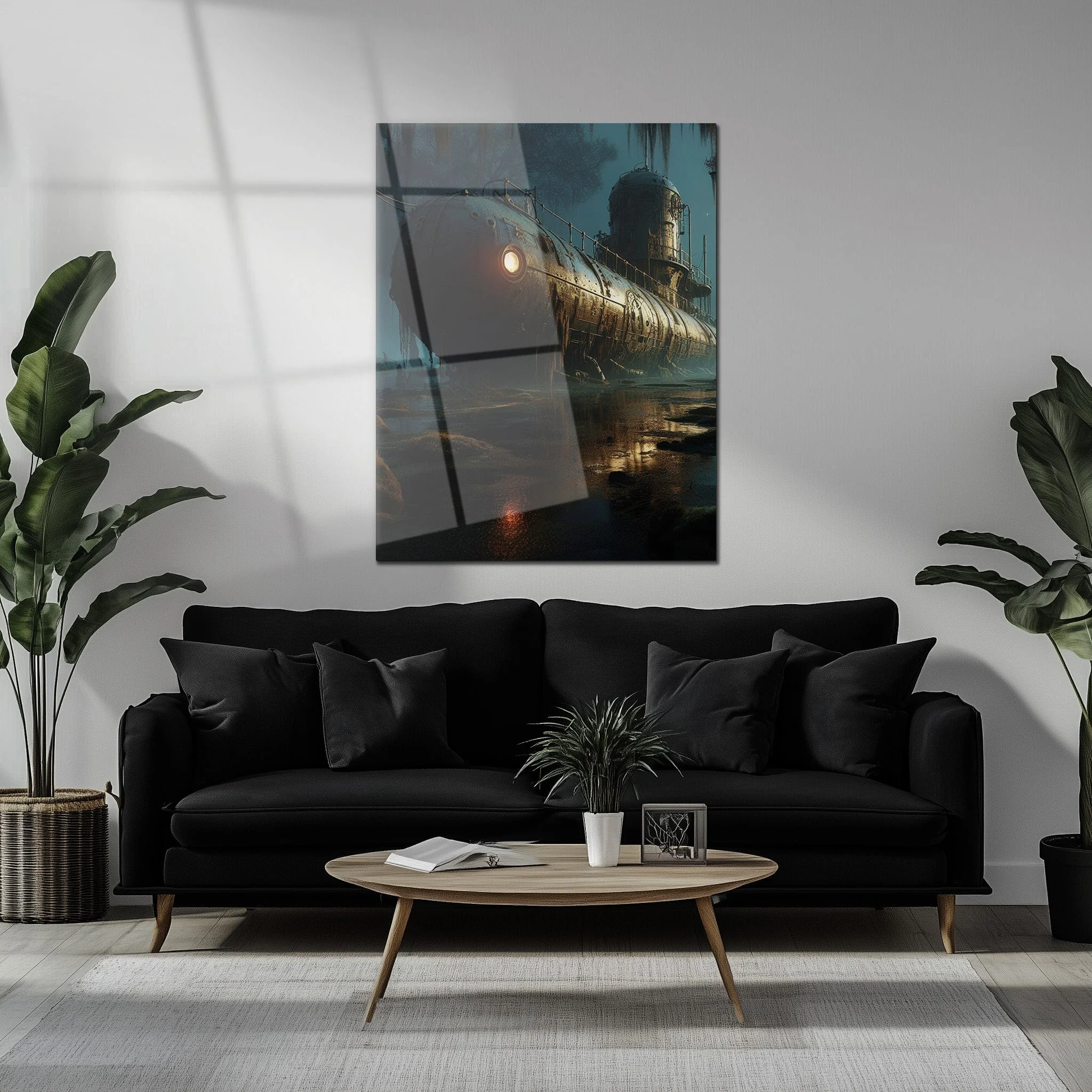 Abandoned Submarine in Swamp Glass Wall Art โ Moody Nautical UV Print Design-KAFCD030 - Image 6