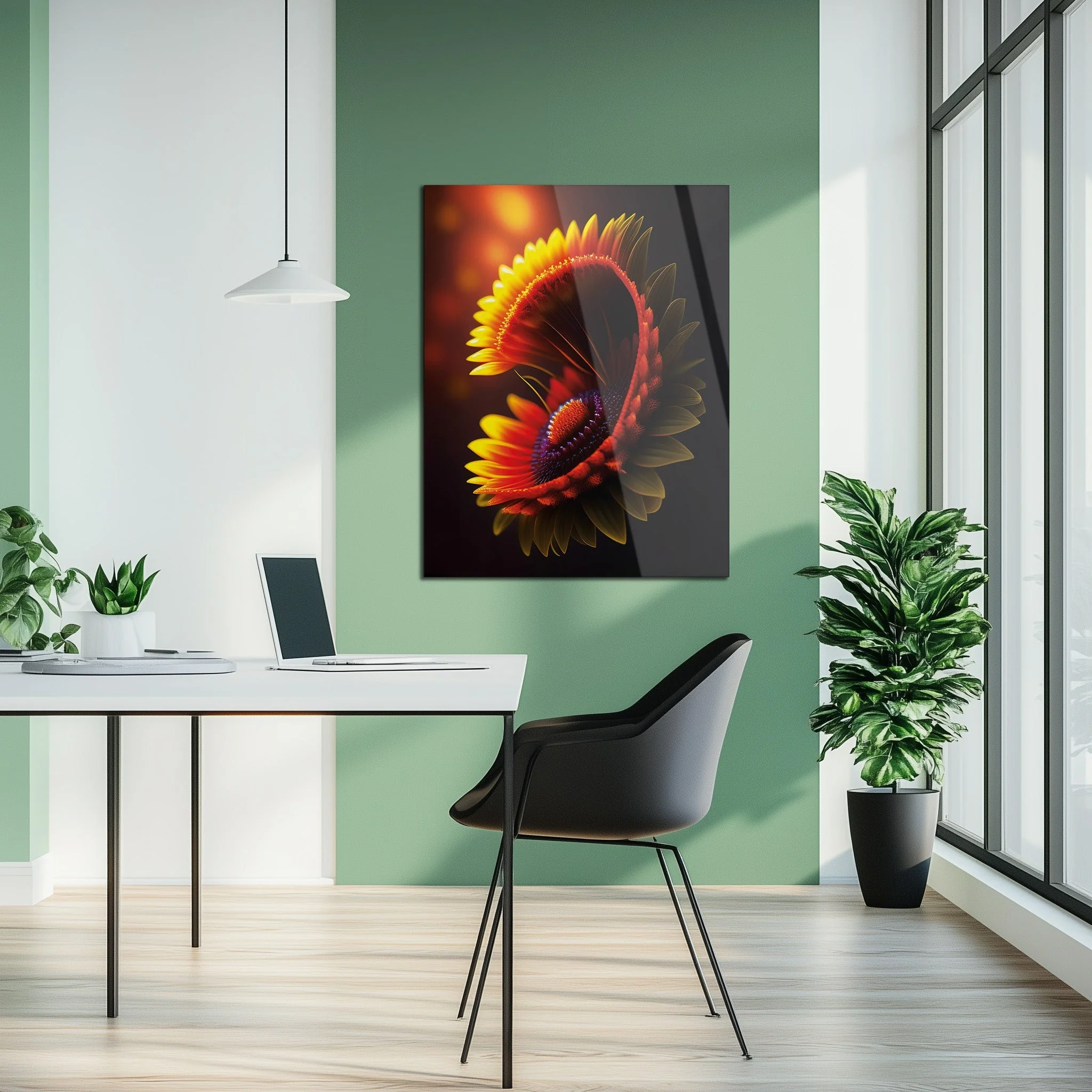 Abstract Fire Petal Bloom Glass Wall Art – Glowing Floral UV Print Design-KAFCD050