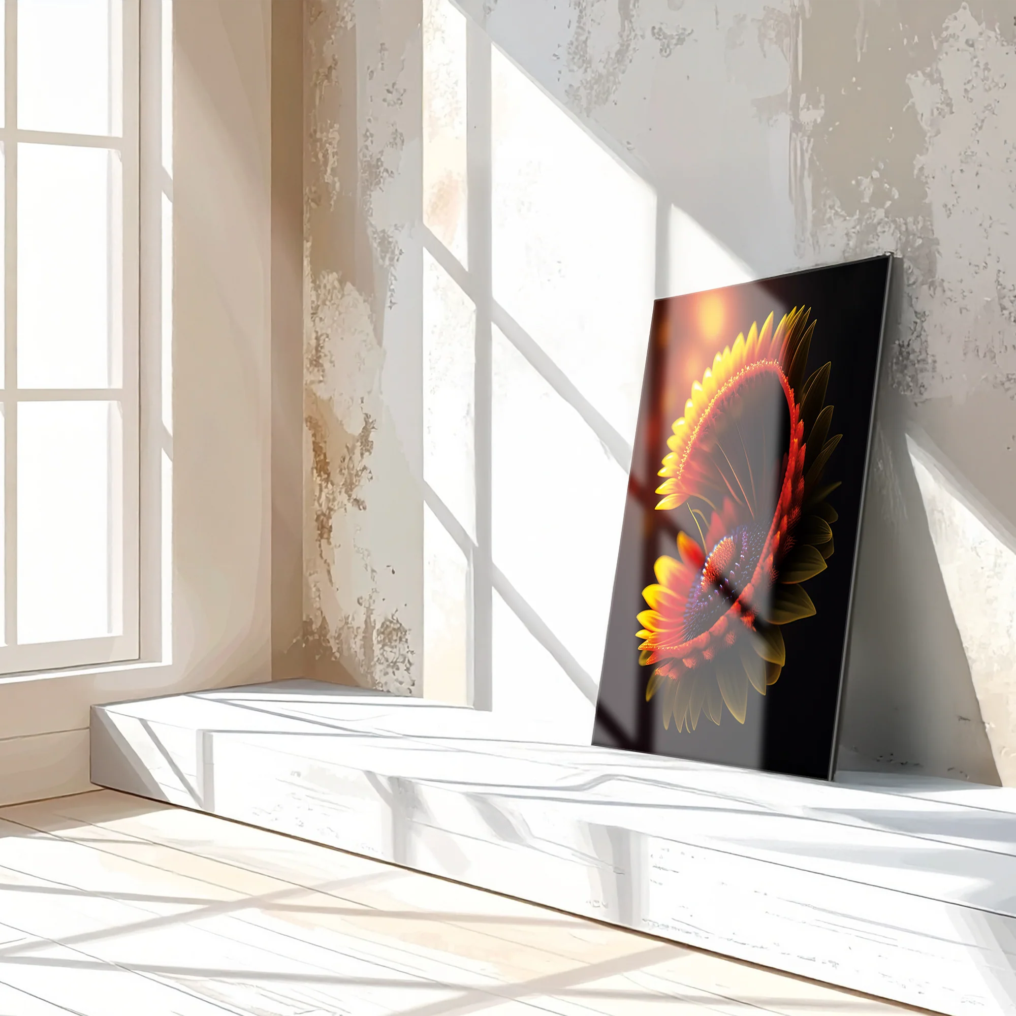 Abstract Fire Petal Bloom Glass Wall Art – Glowing Floral UV Print Design-KAFCD050 - Image 2