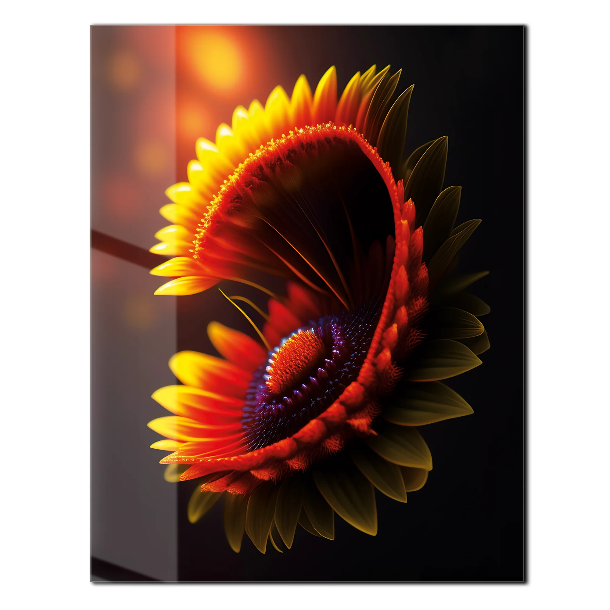 Abstract Fire Petal Bloom Glass Wall Art – Glowing Floral UV Print Design-KAFCD050 - Image 3