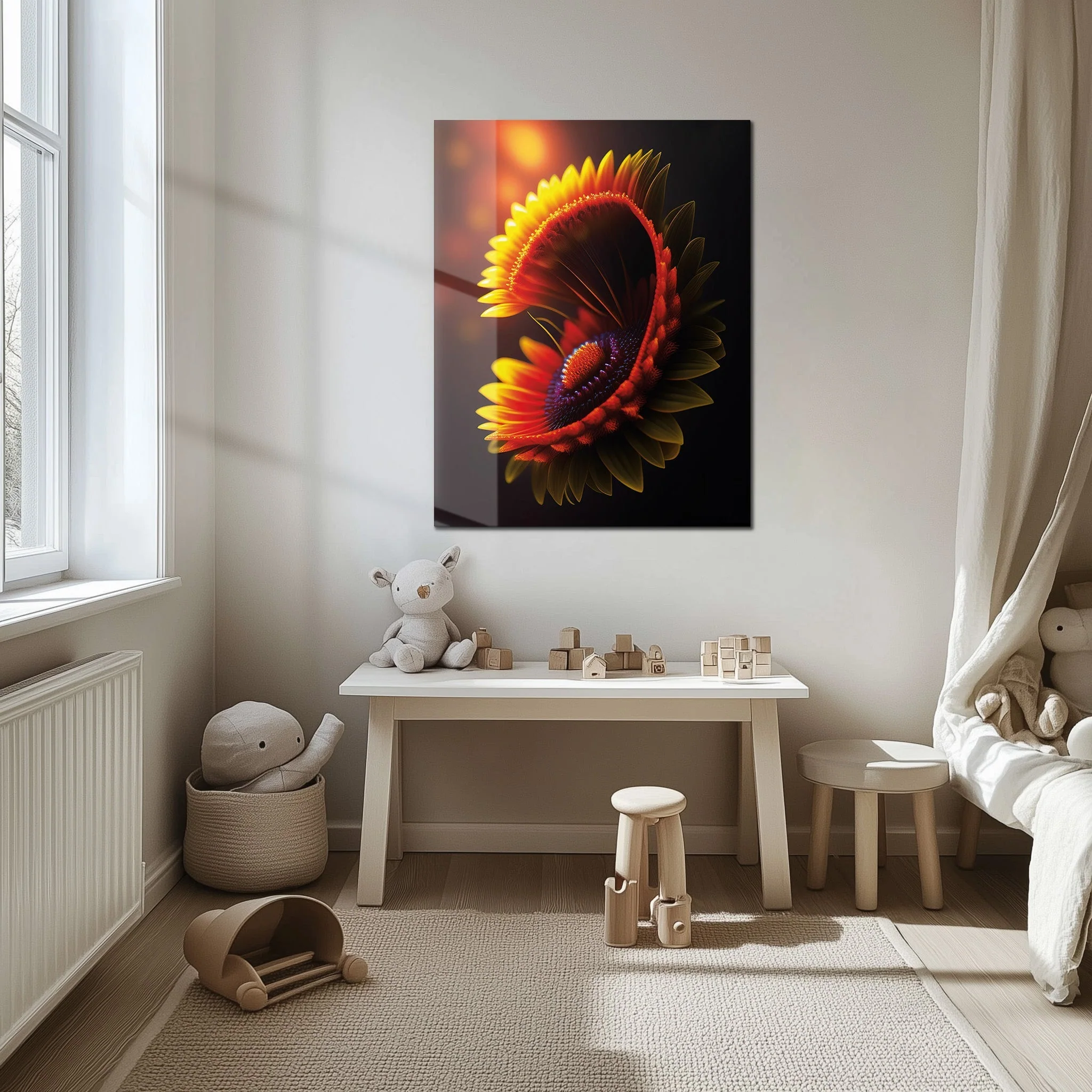 Abstract Fire Petal Bloom Glass Wall Art – Glowing Floral UV Print Design-KAFCD050 - Image 6