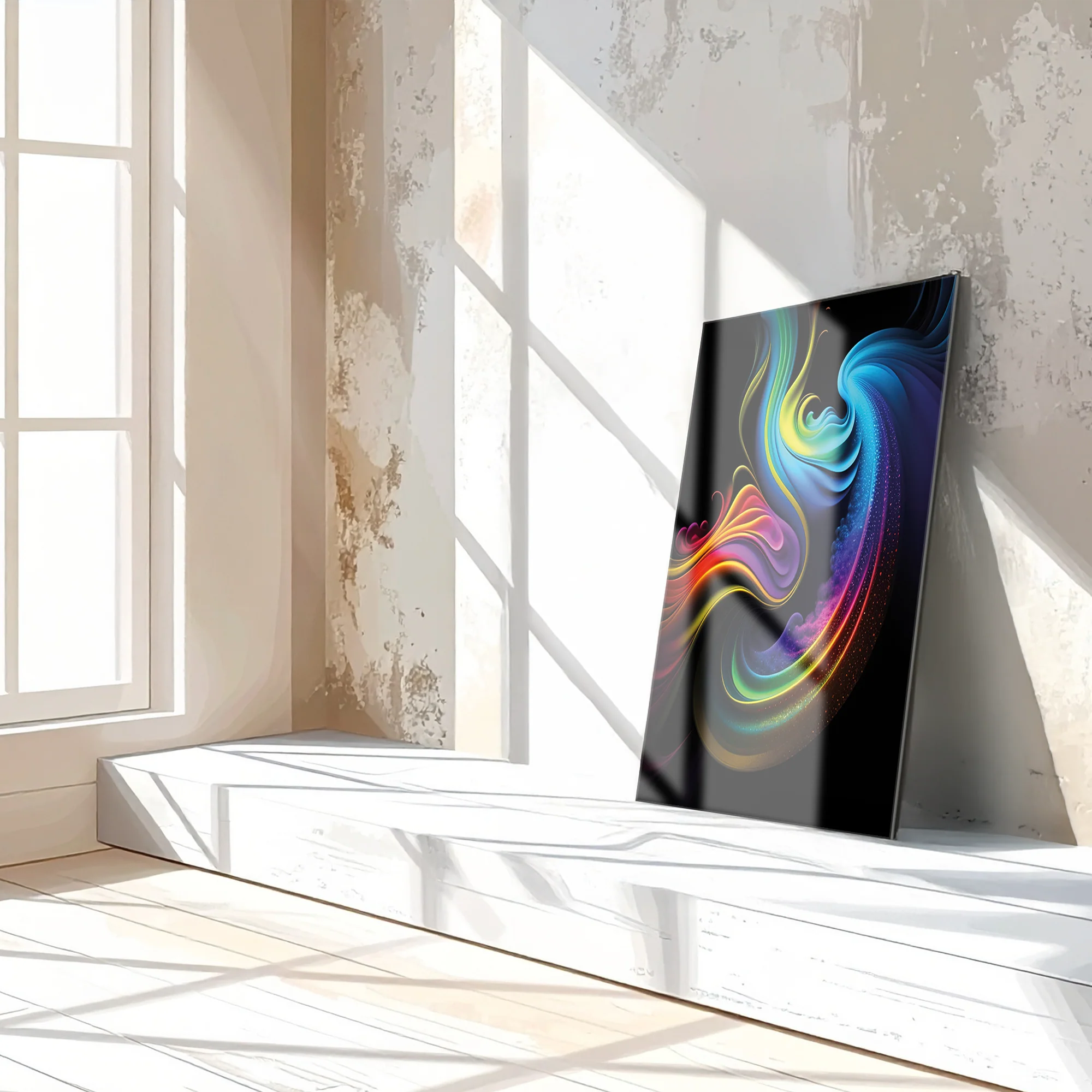 Abstract Neon Swirl Glass Wall Art โ Colorful Fluid Motion on Deep Black Canvas-KAFCD019 - Image 3