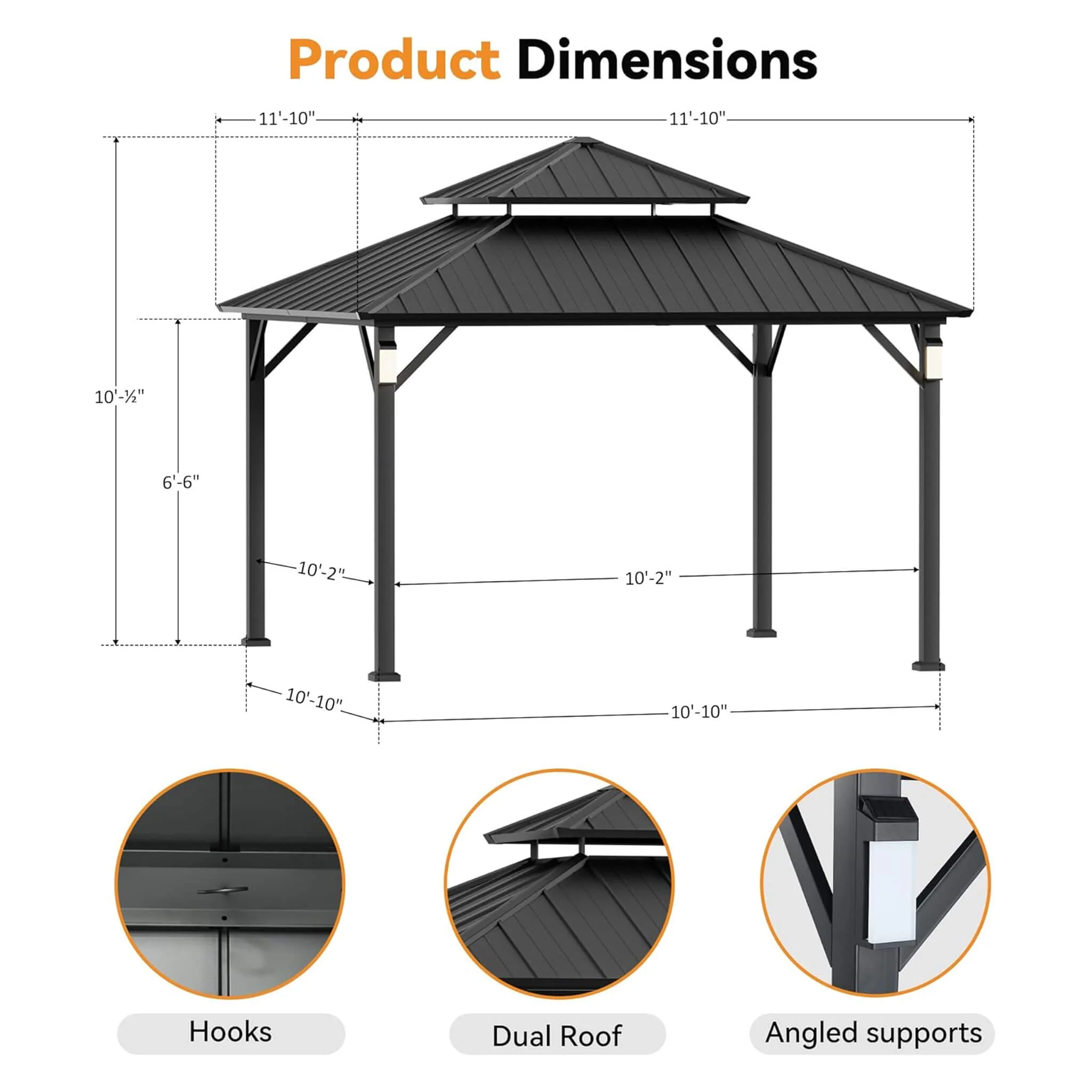 Alora Luxury Double Roof Hardtop Aluminum Gazebo With Decor Hooks, Mosquito Nettings, And LED Lights (SAK91824) - Image 12
