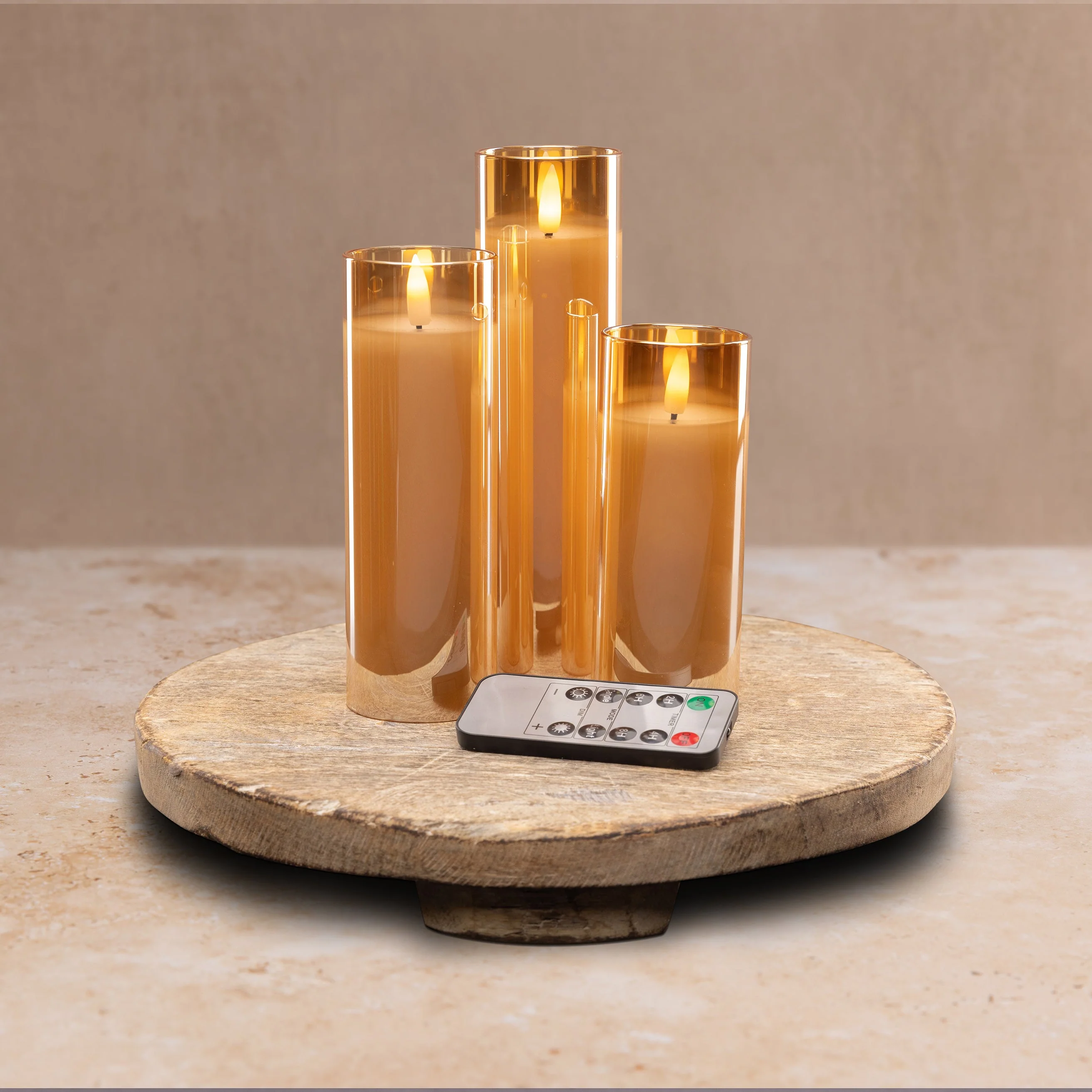 Amber Pillar Flameless LED Glass Candle Set of 3 | Remote & Timer Included for Easy Ambiance - Image 2
