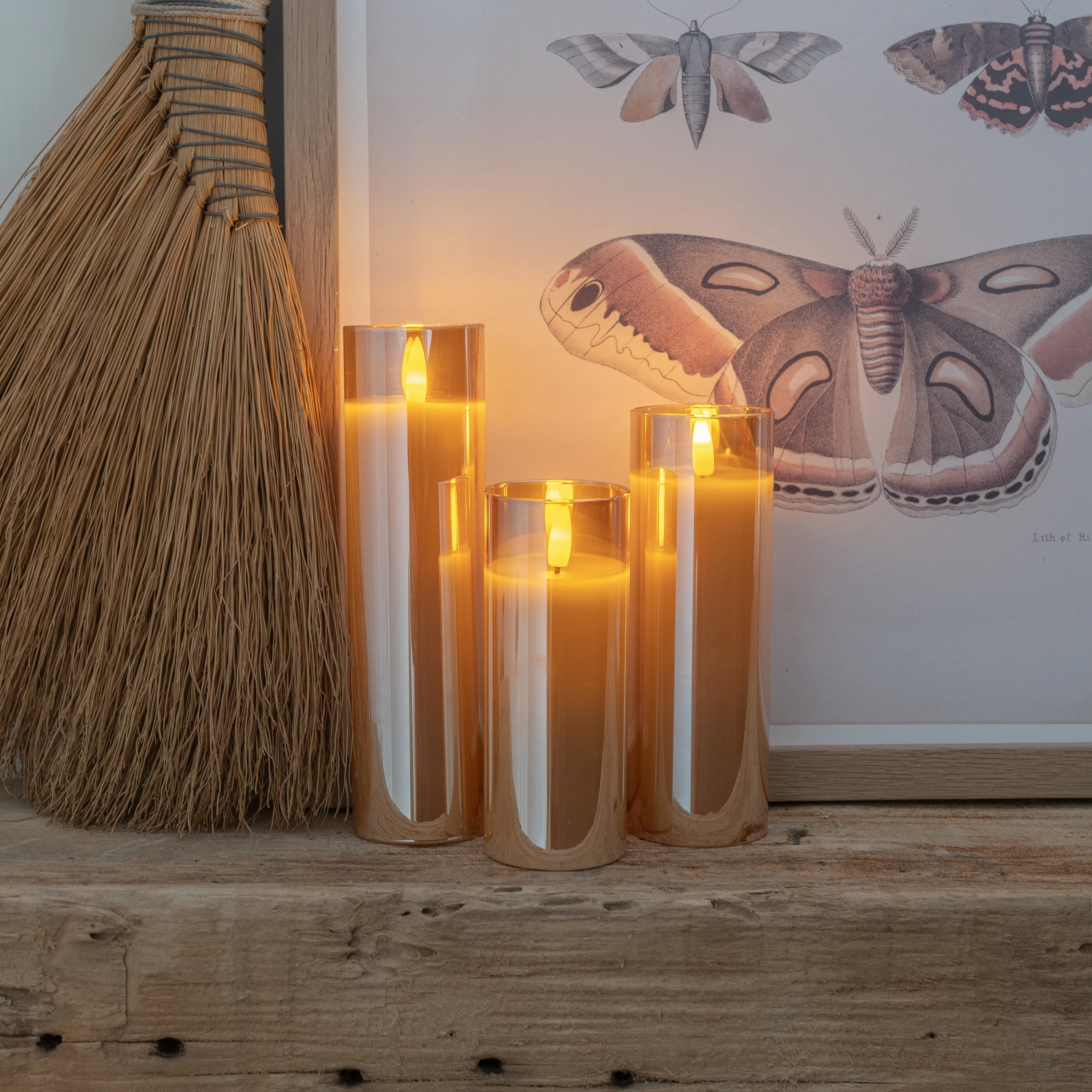 Amber Pillar Flameless LED Glass Candle Set of 3 | Remote & Timer Included for Easy Ambiance - Image 3