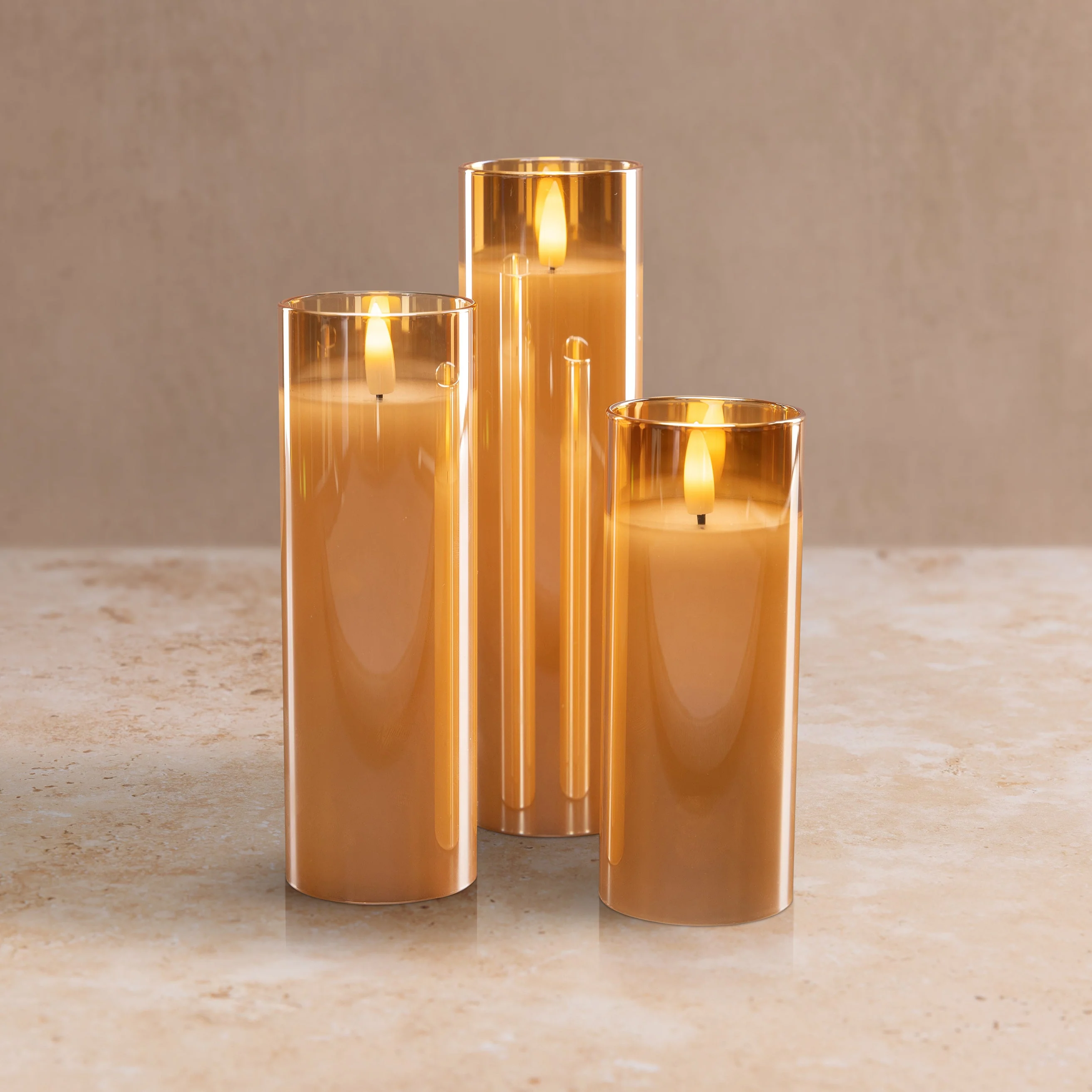 Amber Pillar Flameless LED Glass Candle Set of 3 | Remote & Timer Included for Easy Ambiance - Image 4
