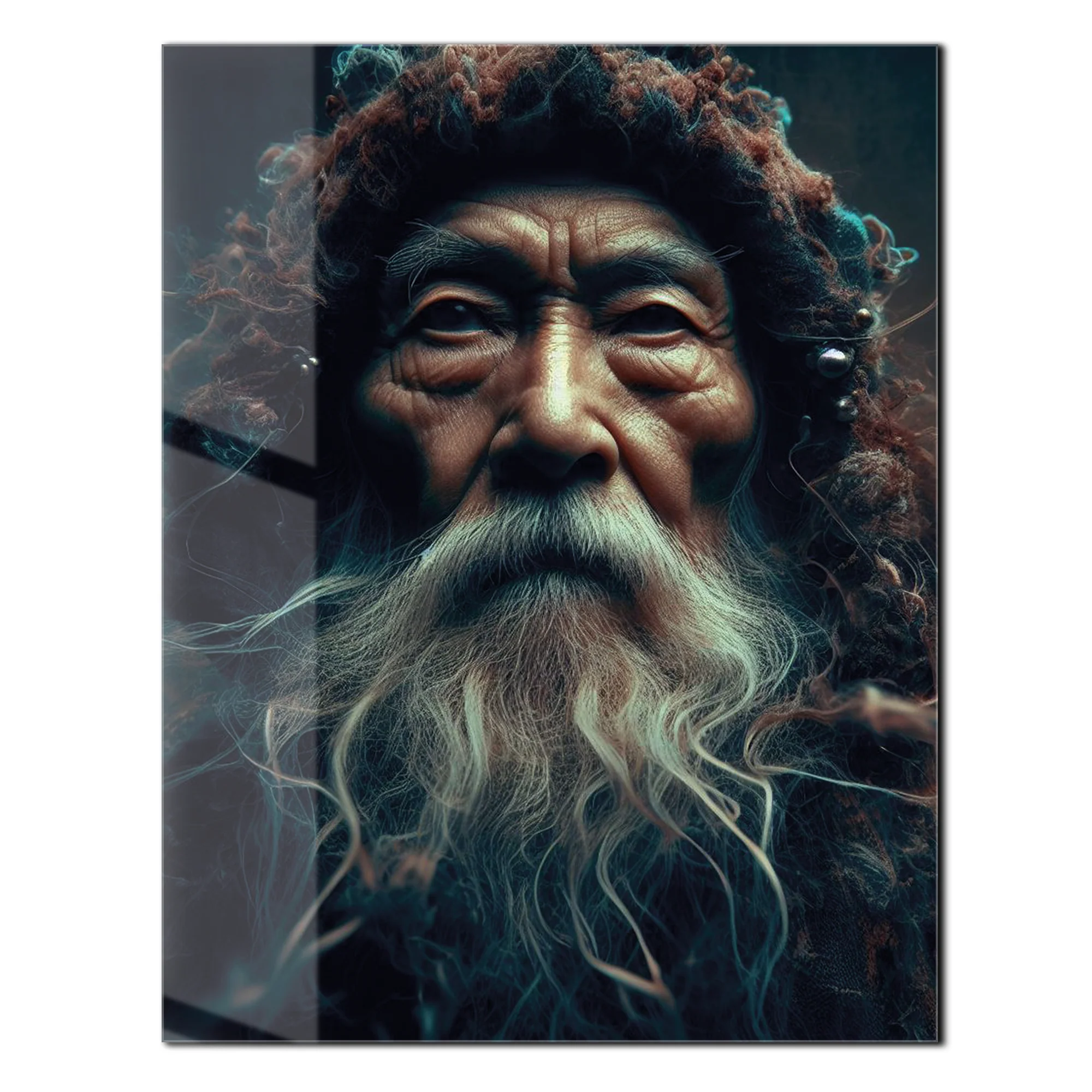 Ancient Wisdom Portrait UV Glass Wall Art – Mystical Elder with Deep Gaze-KAFCD072 - Image 3