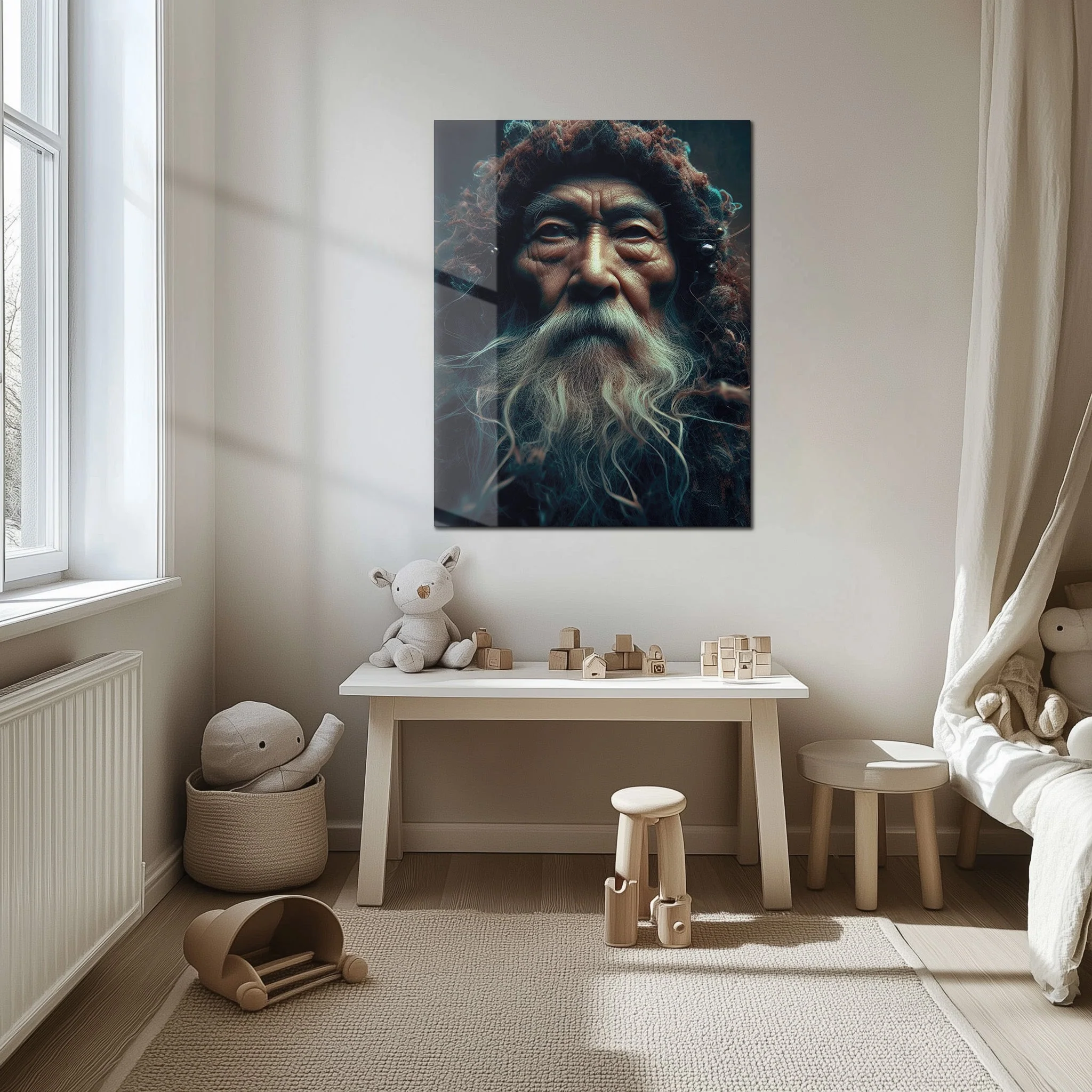 Ancient Wisdom Portrait UV Glass Wall Art – Mystical Elder with Deep Gaze-KAFCD072 - Image 6