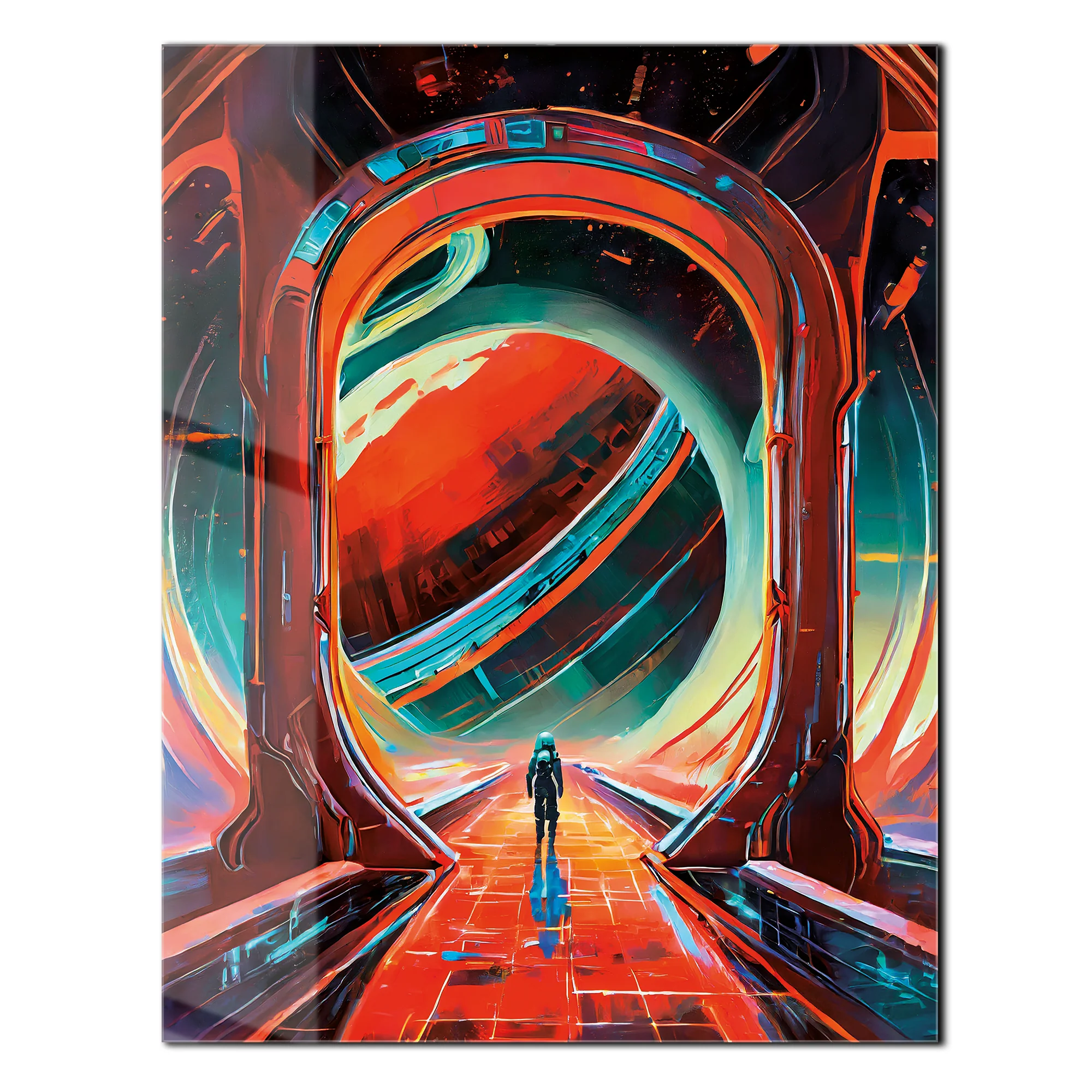 Astronaut Gateway to Saturn Glass Wall Art – Futuristic Sci-Fi UV Print Design-KAFCD023 - Image 2