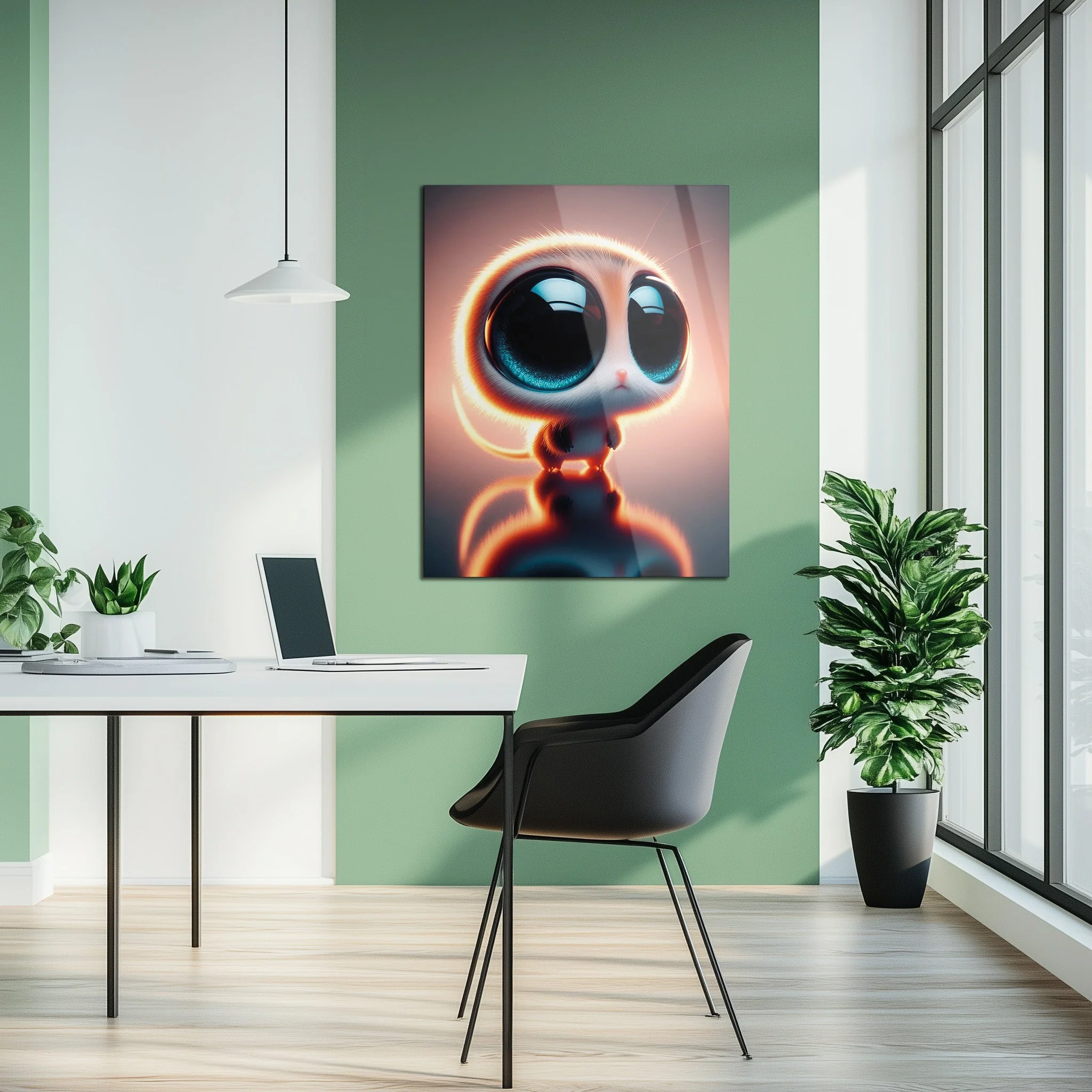 Big-Eyed Fantasy Kitten UV Glass Wall Art โ Cute Neon Pet Illustration - KAFCD094