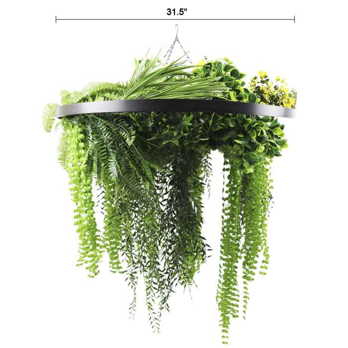Black Framed Roof Hanging Disc With Draping Life-Like Ferns and Plants UV Resistant Large - Image 3