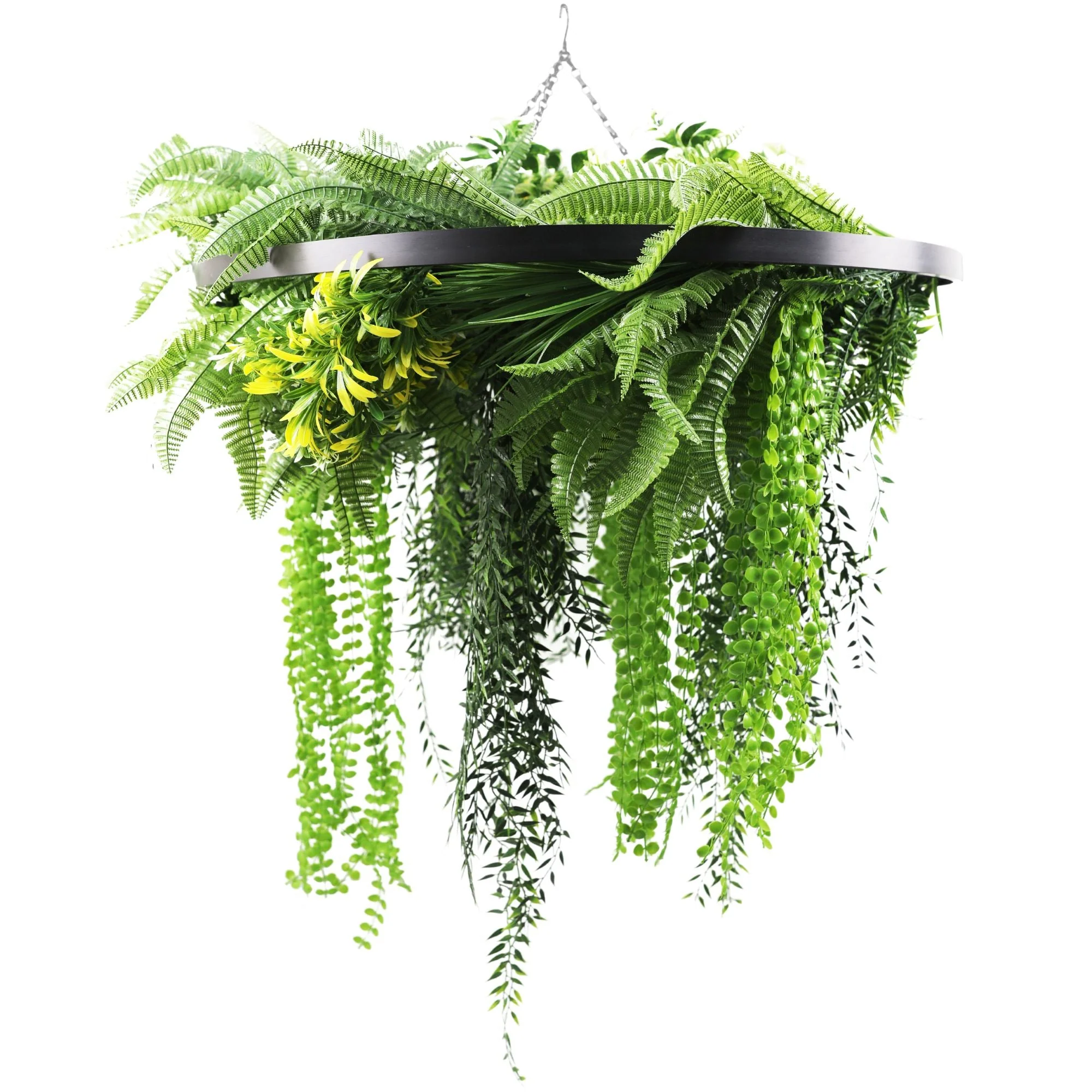 Black Framed Roof Hanging Disc With Draping Life-Like Ferns and Plants UV Resistant Large - Image 4