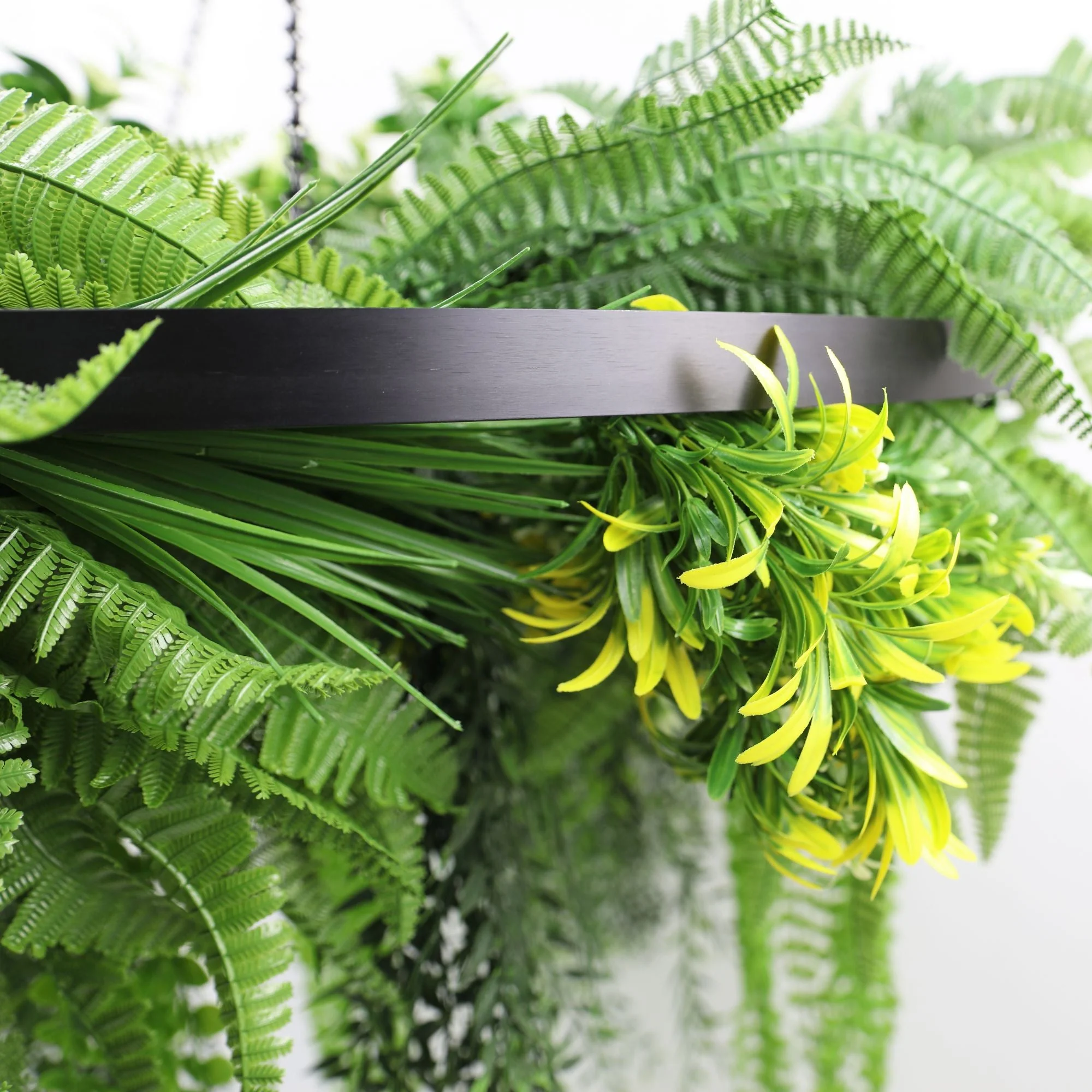 Black Framed Roof Hanging Disc With Draping Life-Like Ferns and Plants UV Resistant Large - Image 5
