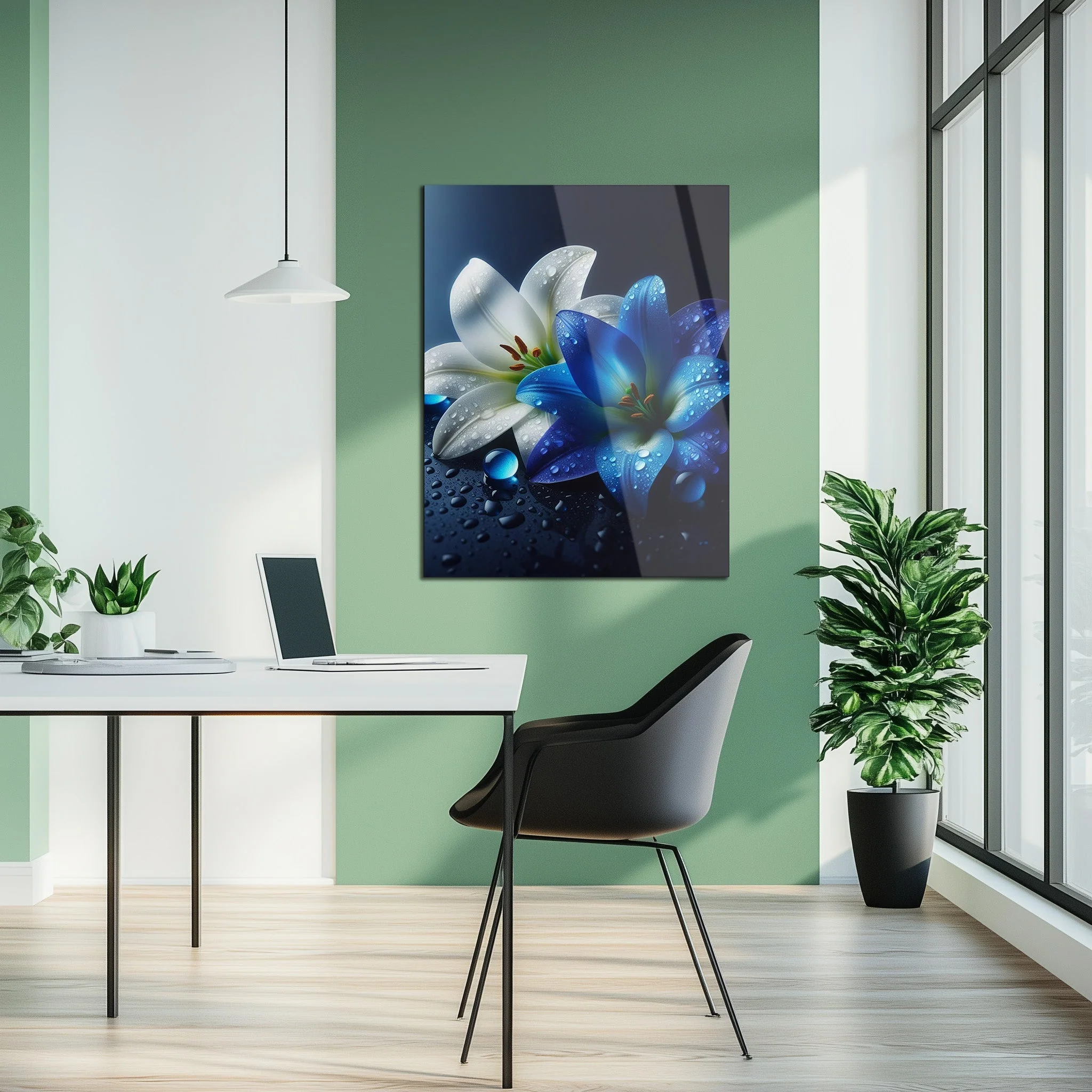 Blue and White Lilies with Dew Drops โ Elegant UV Glass Floral Wall Art - KAFCD096