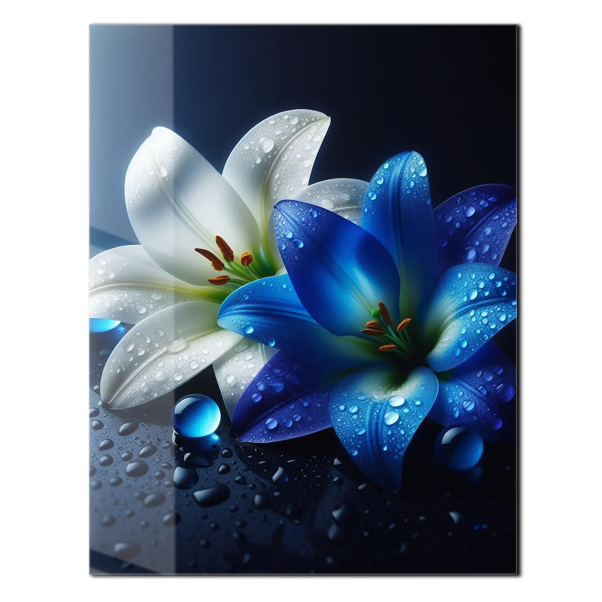 Blue and White Lilies with Dew Drops โ Elegant UV Glass Floral Wall Art - KAFCD096 - Image 2