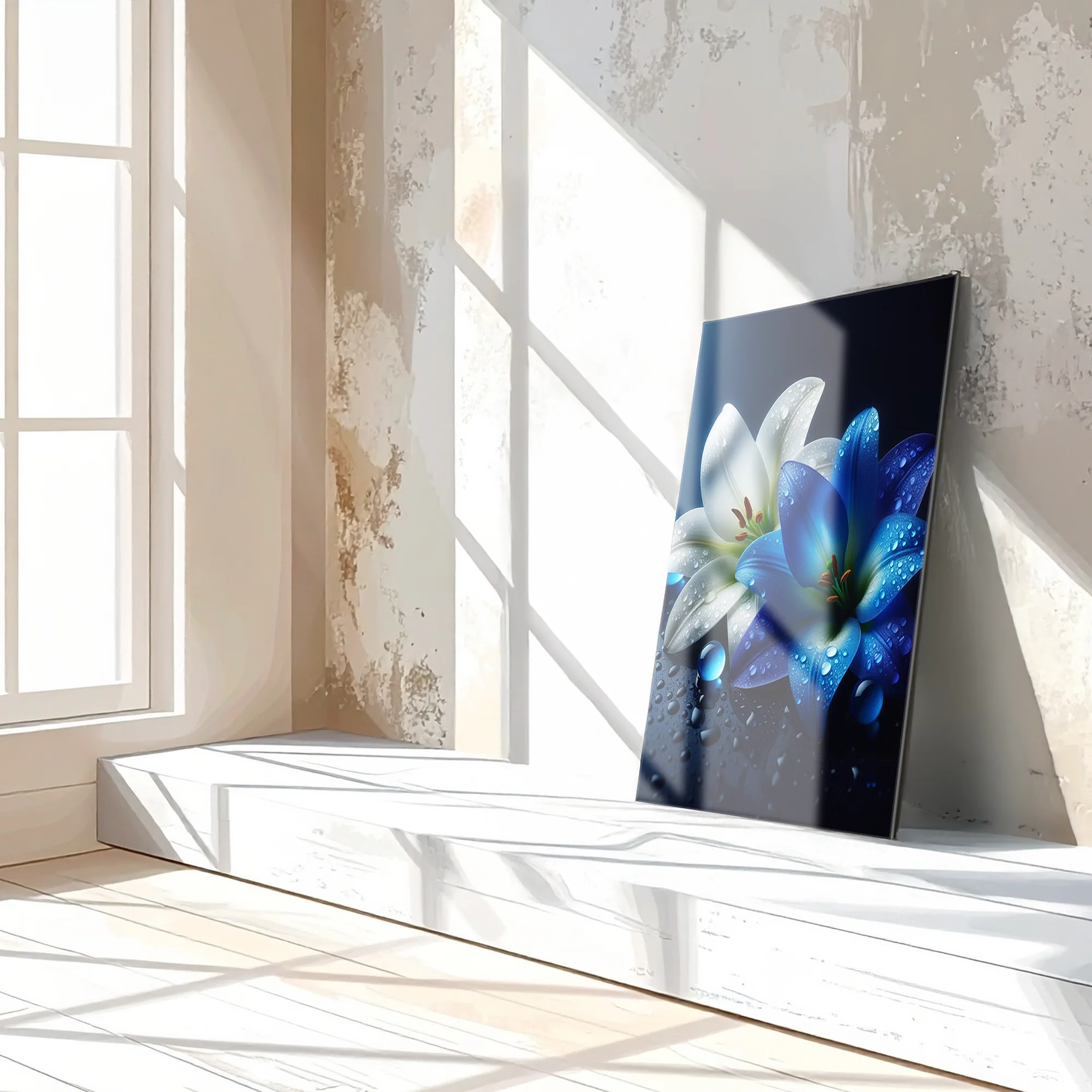 Blue and White Lilies with Dew Drops โ Elegant UV Glass Floral Wall Art - KAFCD096 - Image 3