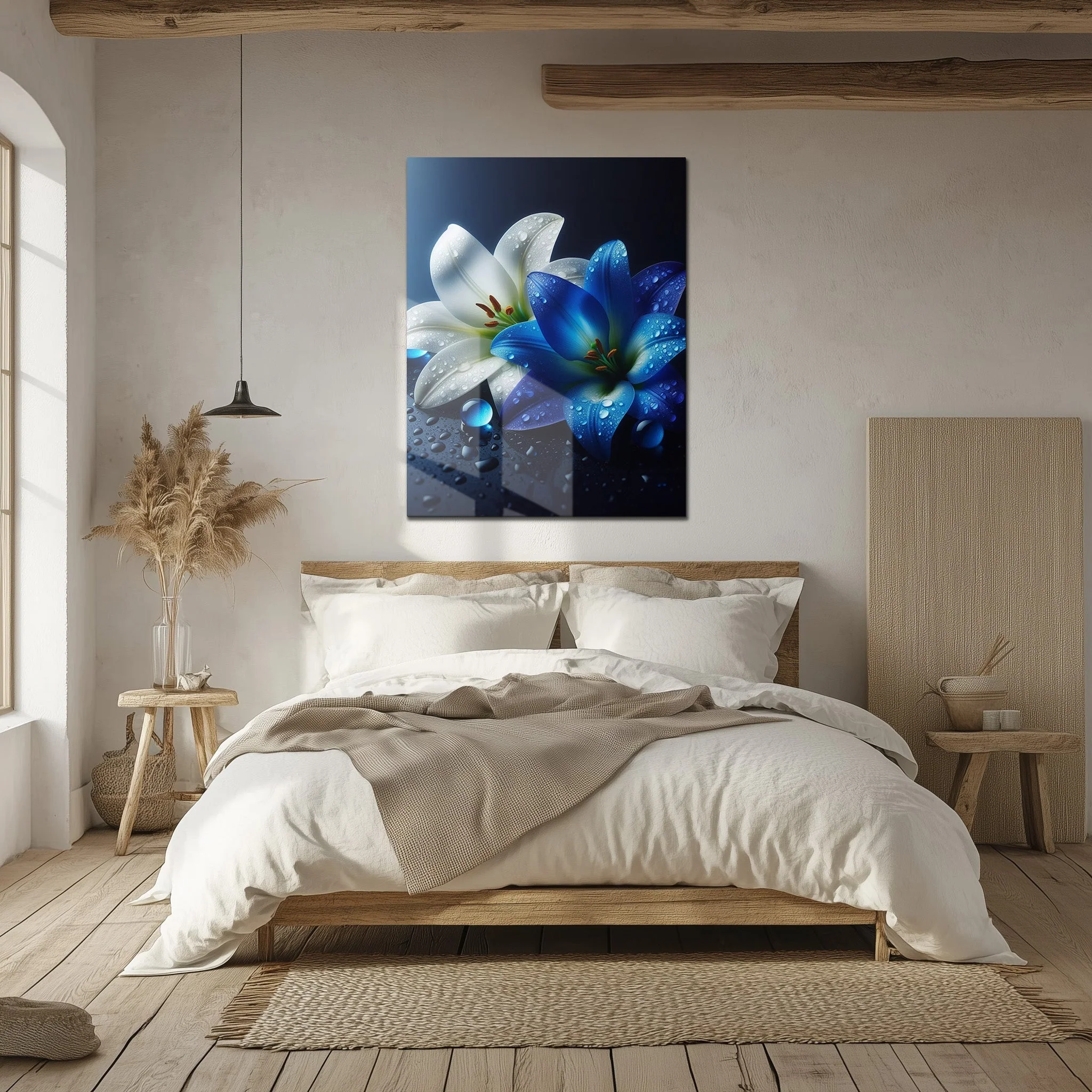 Blue and White Lilies with Dew Drops โ Elegant UV Glass Floral Wall Art - KAFCD096 - Image 4