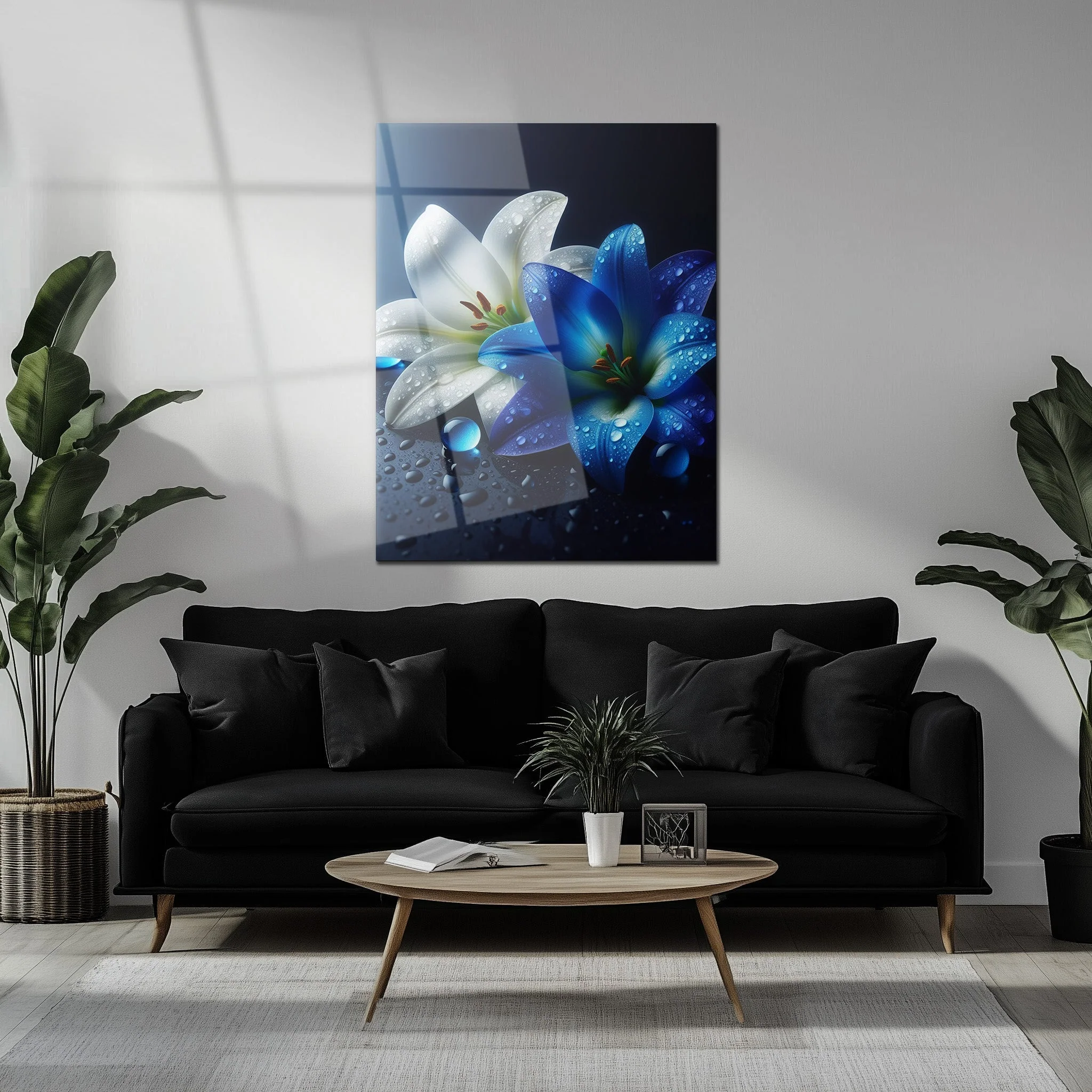 Blue and White Lilies with Dew Drops โ Elegant UV Glass Floral Wall Art - KAFCD096 - Image 5