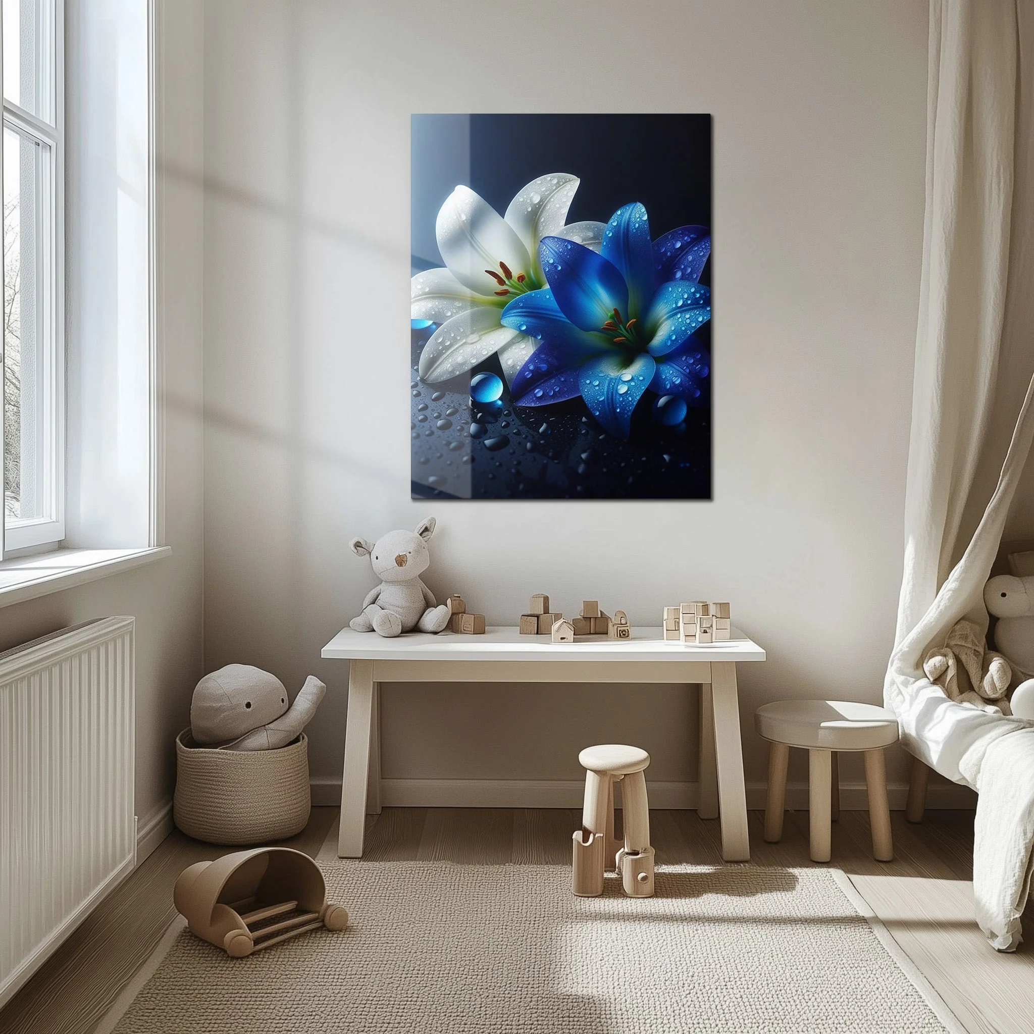 Blue and White Lilies with Dew Drops โ Elegant UV Glass Floral Wall Art - KAFCD096 - Image 6