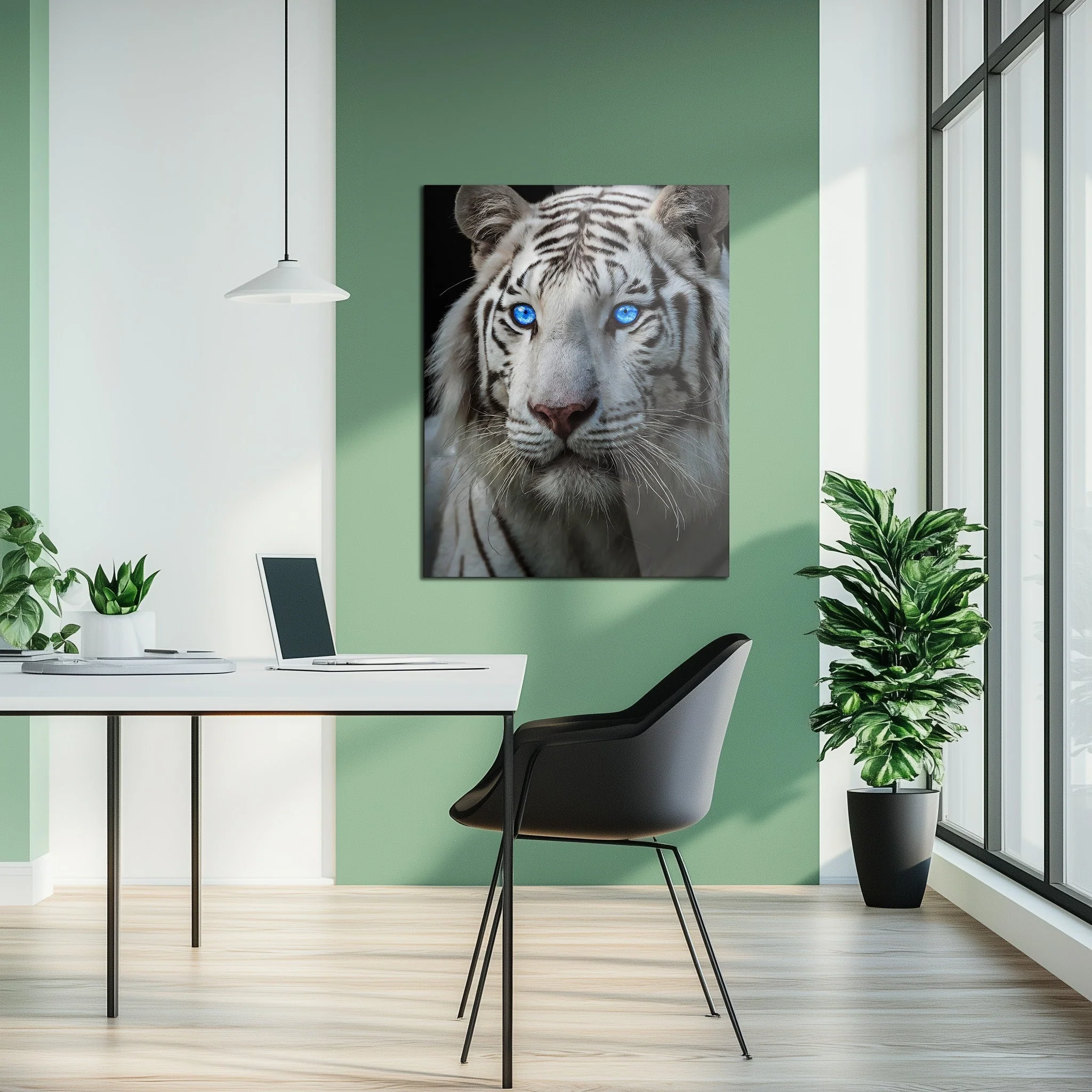 Blue-Eyed White Tiger Glass Wall Art β Fierce Wildlife Portrait with Striking Gaze-KAFCD016