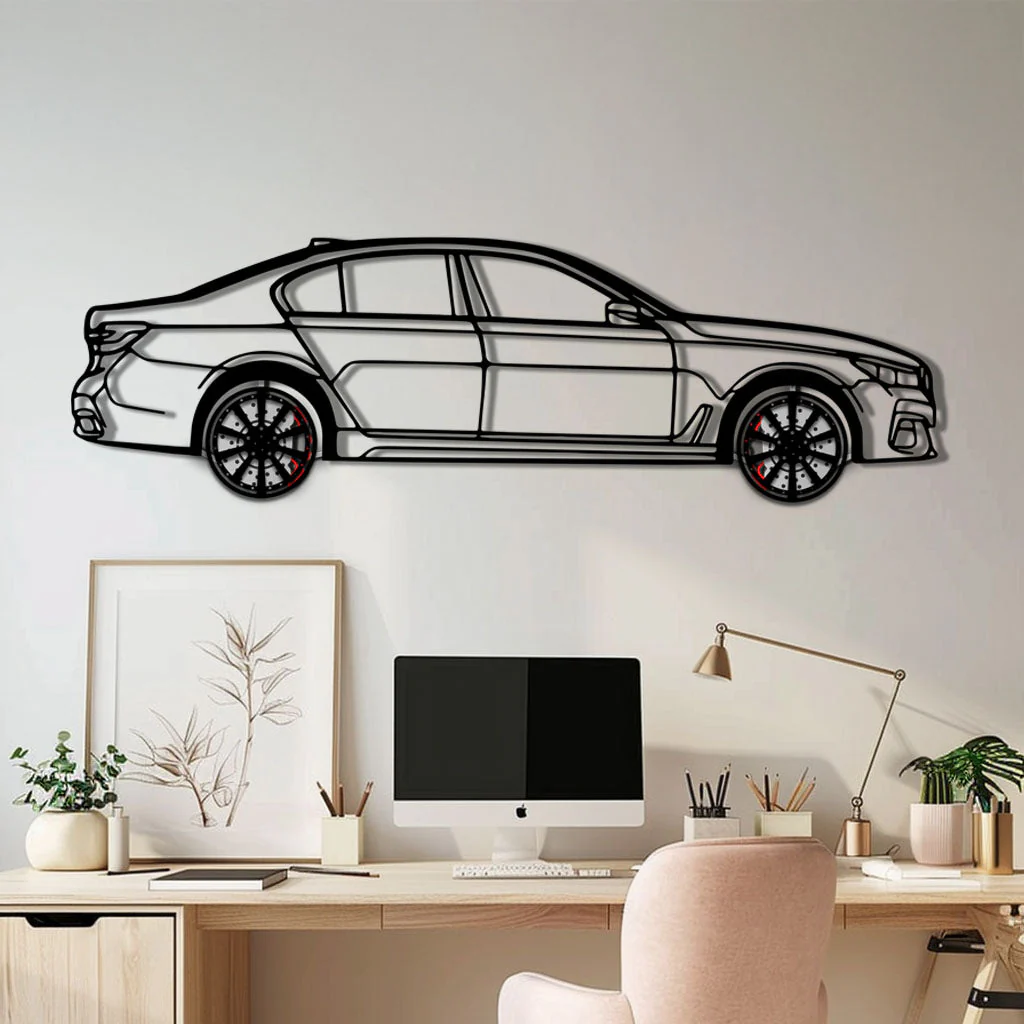 BMW 750i Metal Car Wall Art with Rotating Wheels - Luxury Executive Sedan Silhouette - Interactive Automotive Wall Decor - KAFMEKA104