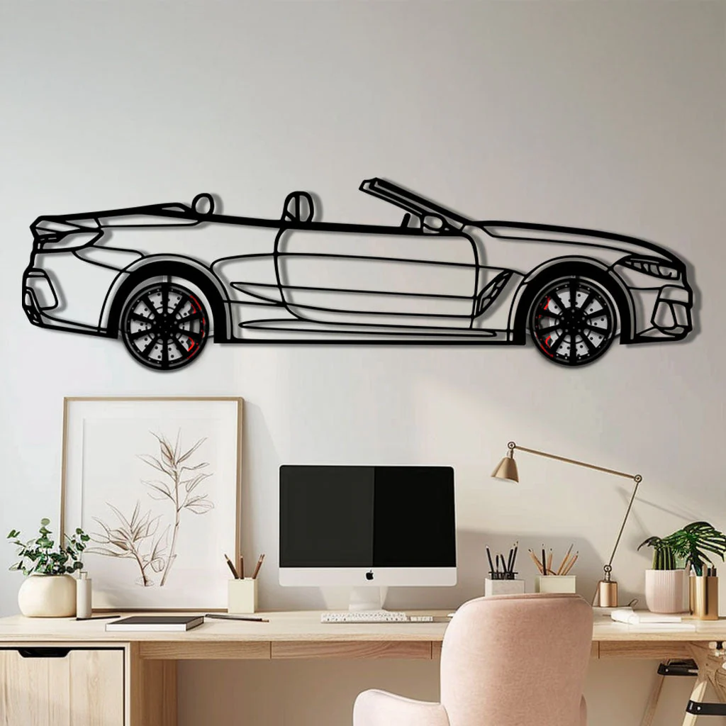 BMW 850i Metal Car Wall Art with Rotating Wheels - Luxury Grand Tourer Silhouette - Interactive Automotive Wall Decor - KAFMEKA105