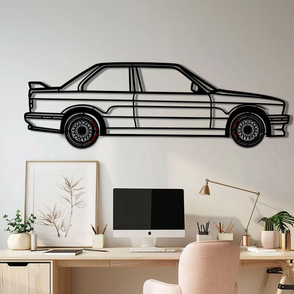 BMW E30 M3 Metal Car Wall Art with Rotating Wheels - Classic M Power Silhouette Decor - Interactive Automotive Wall Art - KAFMEKA100
