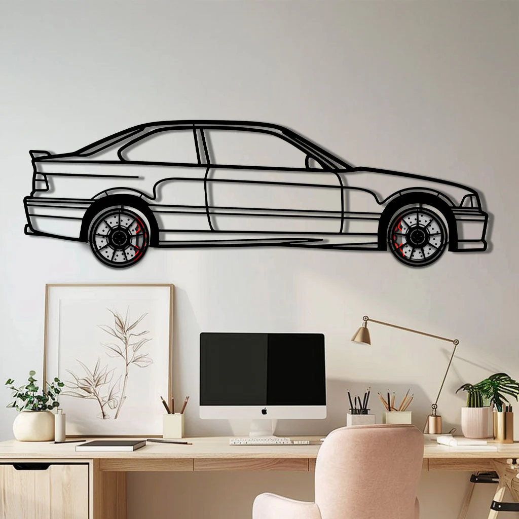 BMW E36 M3 Metal Car Wall Art with Rotating Wheels - 90s Performance Legend Silhouette - Interactive Automotive Wall Decor - KAFMEKA101