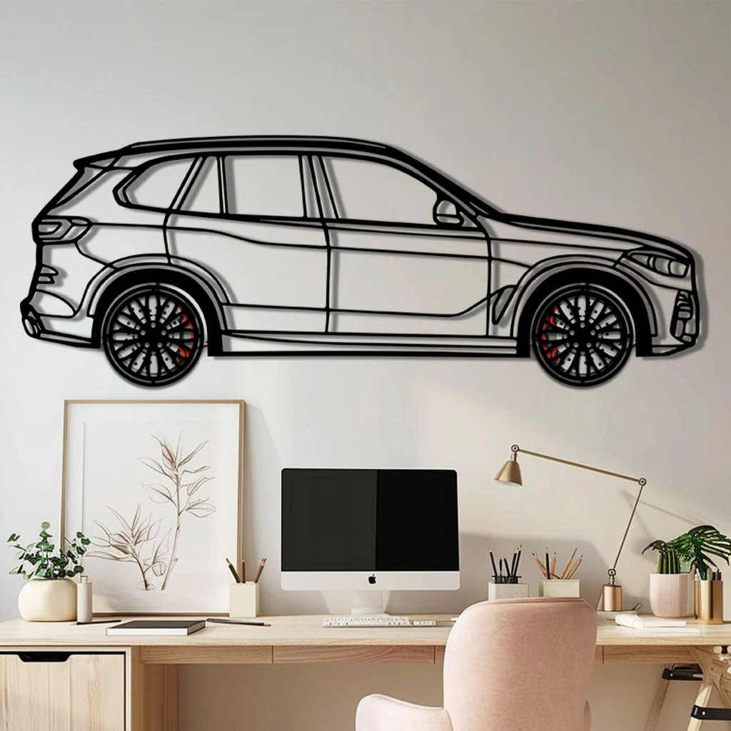 BMW X5 Metal Car Wall Art with Rotating Wheels - Modern SAV Silhouette Decor - Interactive Automotive Wall Art - KAFMEKA111
