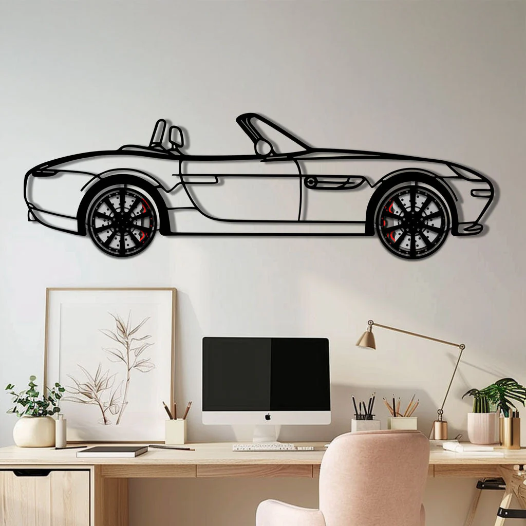 BMW Z8 Metal Car Wall Art with Rotating Wheels - Classic Luxury Roadster Silhouette - Interactive Automotive Wall Decor - KAFMEKA115