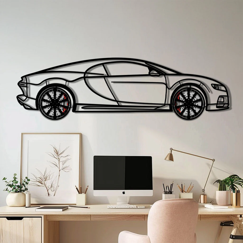 Bugatti Chiron Metal Car Wall Art with Rotating Wheels - Ultimate Hypercar Silhouette Decor - Interactive Automotive Wall Art - KAFMEKA116
