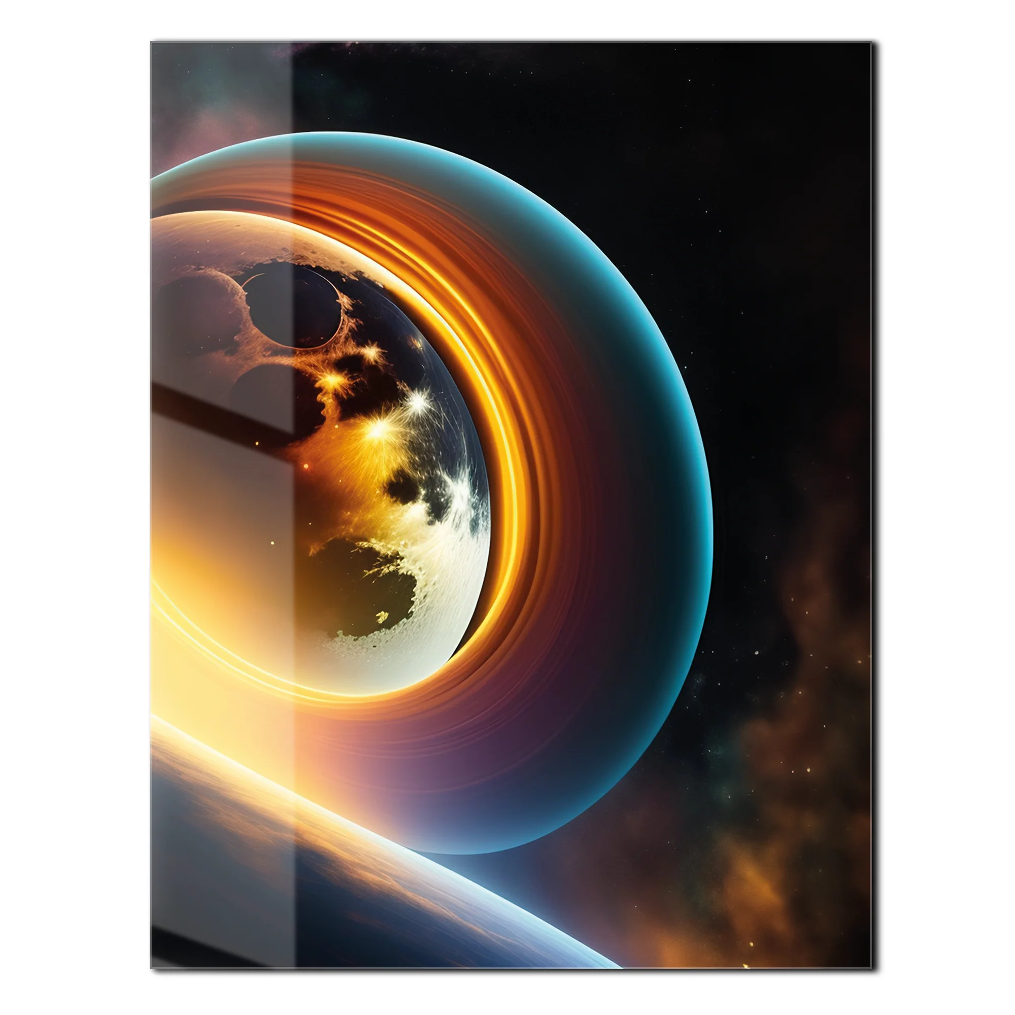 Celestial Ringscape – Glowing Planet with Rings UV Glass Wall Art - KAFCD099 - Image 2