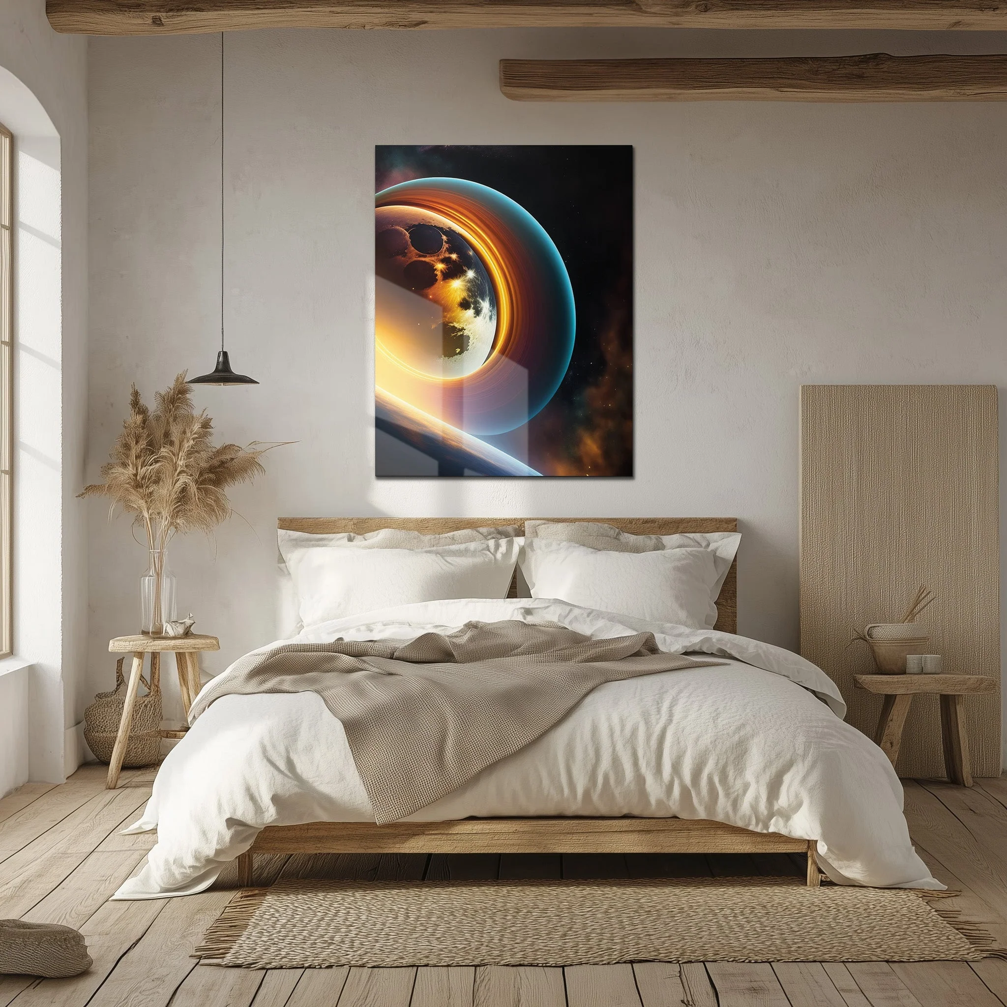 Celestial Ringscape – Glowing Planet with Rings UV Glass Wall Art - KAFCD099 - Image 4