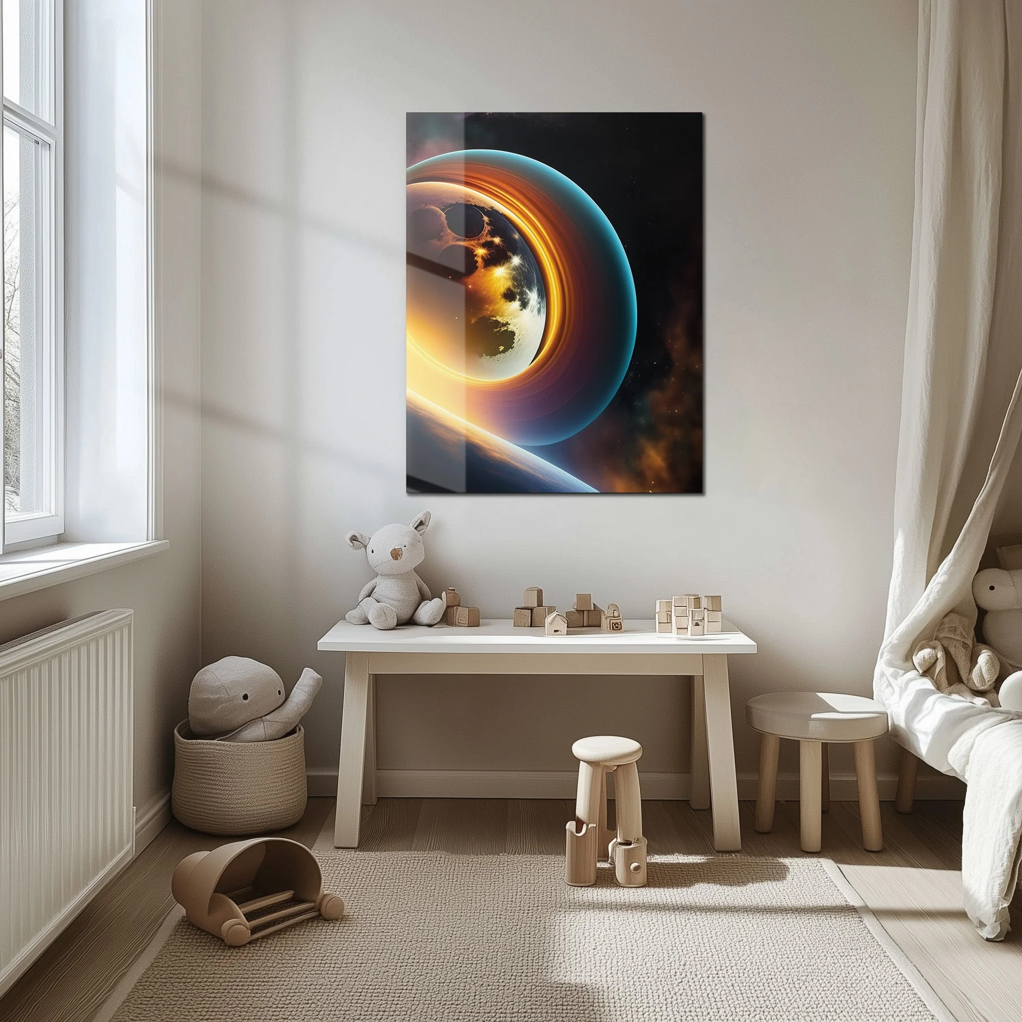 Celestial Ringscape – Glowing Planet with Rings UV Glass Wall Art - KAFCD099 - Image 6