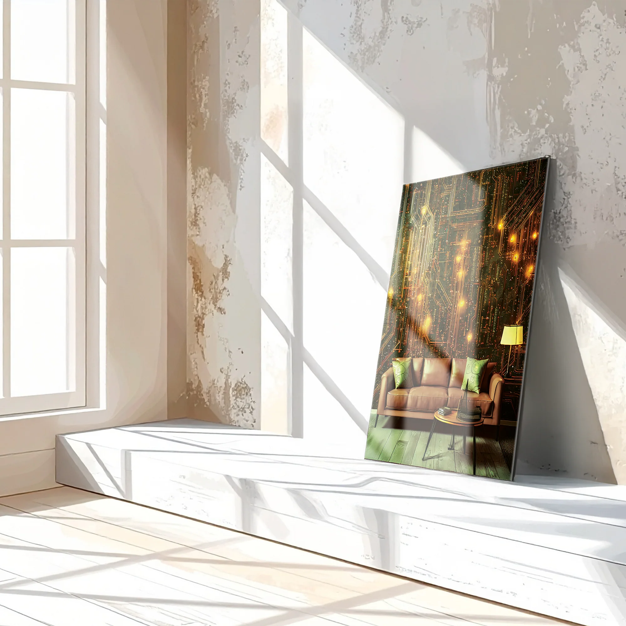 Circuit Board Living Room Glass Wall Art – Futuristic Tech-Inspired Home Scene-KAFCD010 - Image 3