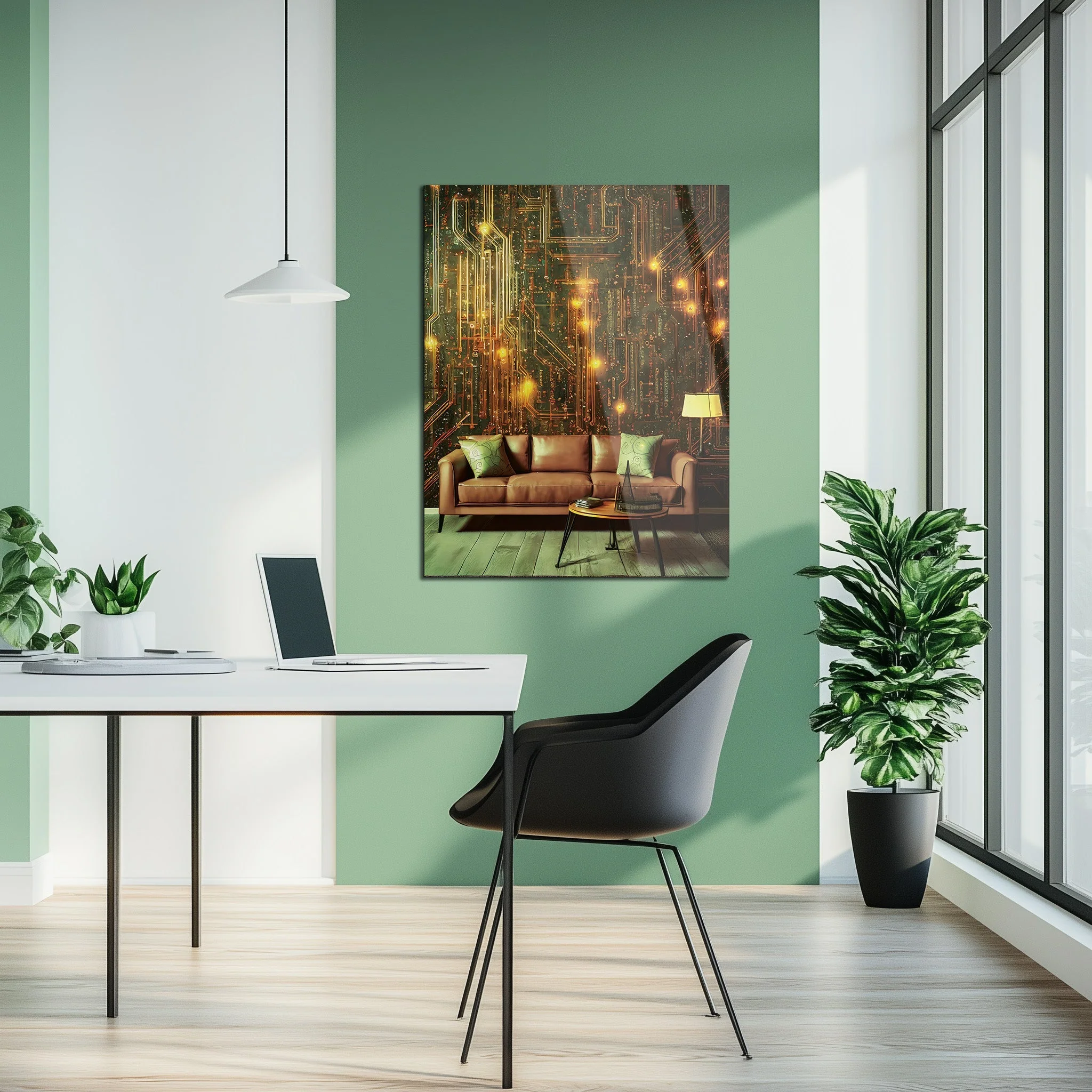 Circuit Board Living Room Glass Wall Art – Futuristic Tech-Inspired Home Scene-KAFCD010 - Image 4